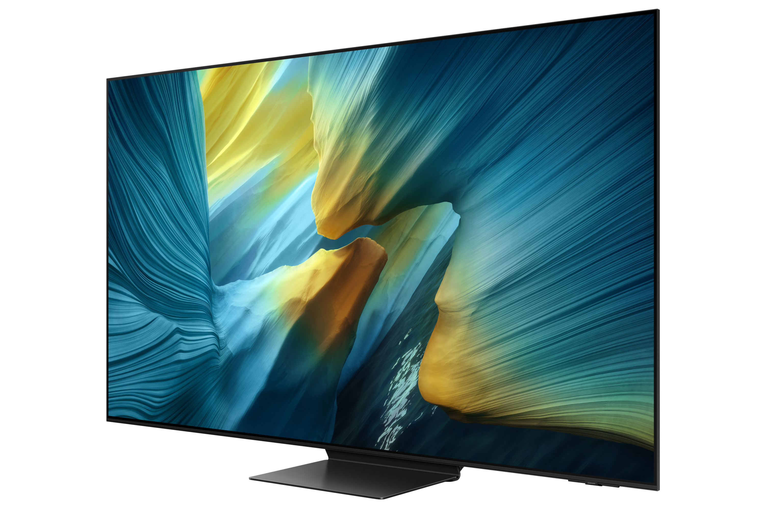 Ein großer Fernseher mit blau-gelbem abstraktem Kunstwerk, seitlich betrachtet.