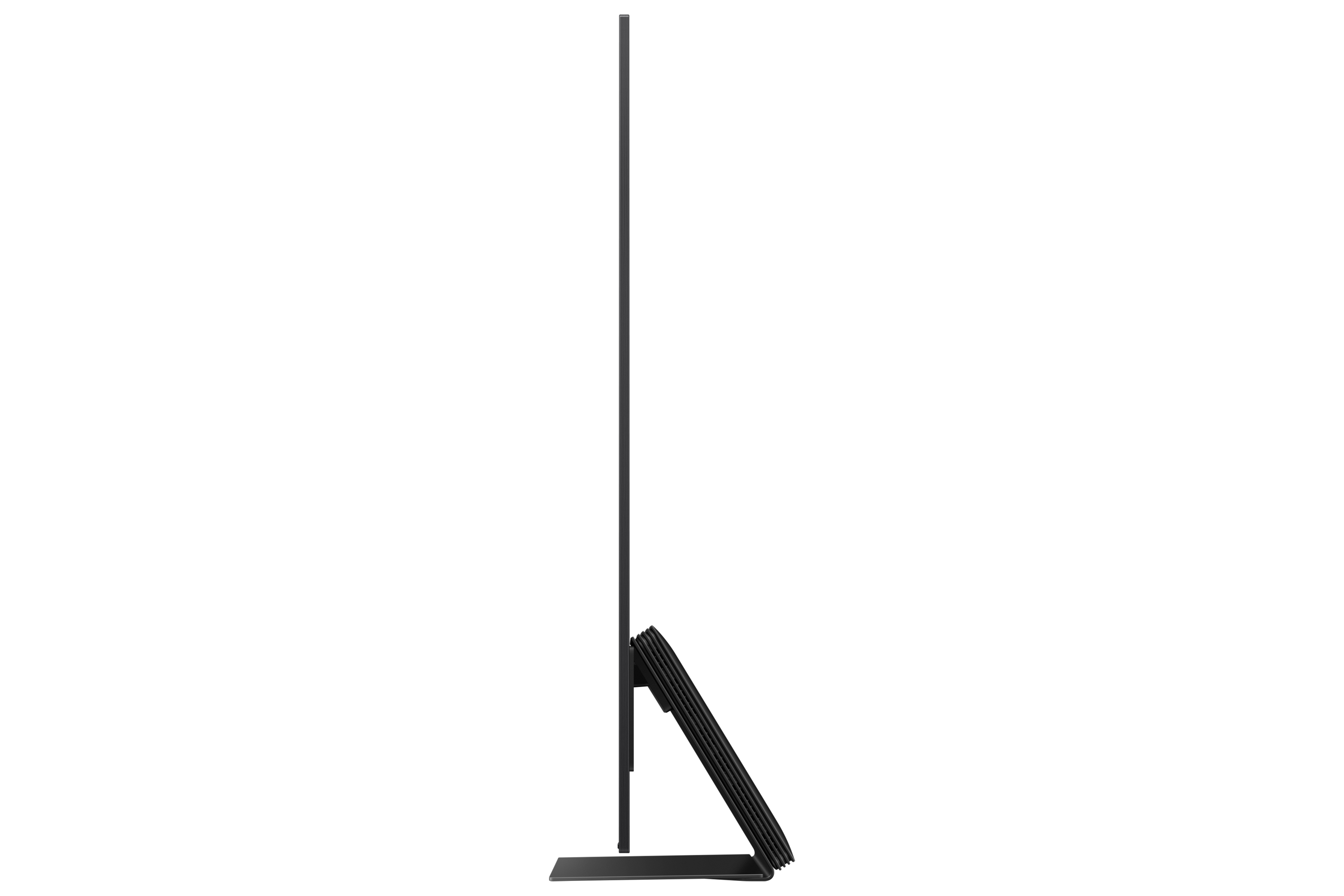 Ein schlanker, schwarzer Fernseher steht aufrecht. Der Bildschirm ist schwarz. Der Standfuß ist dunkelgrau und hat ein modernes Design.