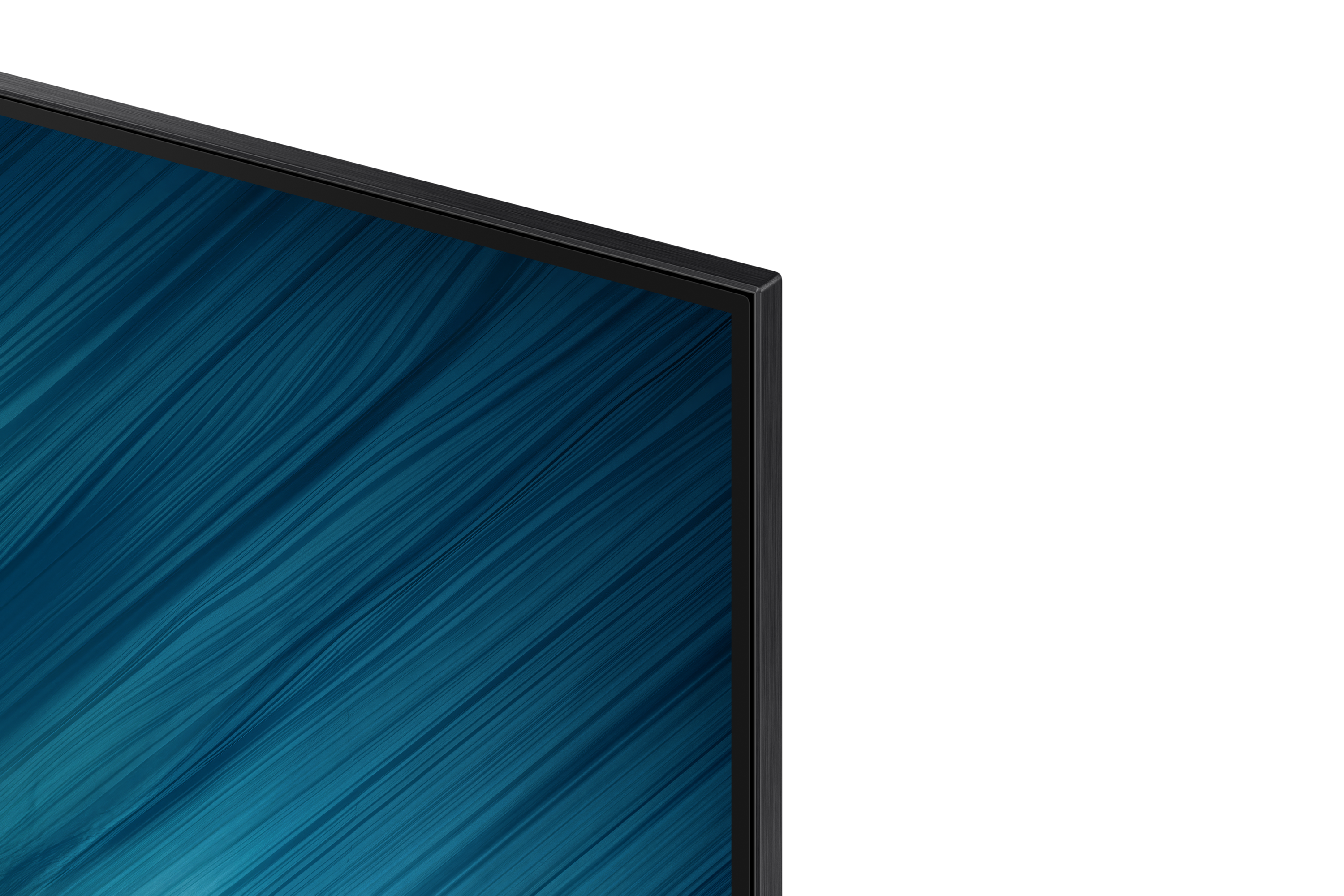 Nahaufnahme eines Fernsehers mit blau-strukturiertem Bildschirm und schwarzem Rahmen, der einen Teil des Bildes ausfüllt.