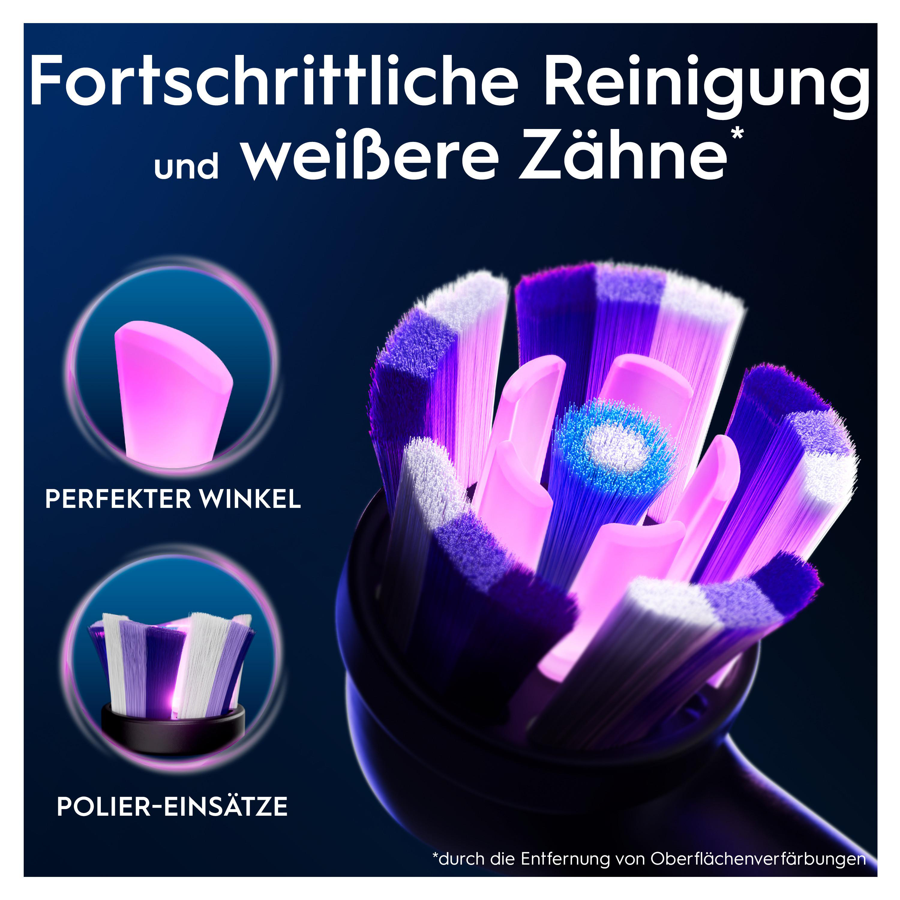 Zahnbürste mit violetten Borsten, Nahaufnahme. Text: Fortschrittliche Reinigung und weißere Zähne.
