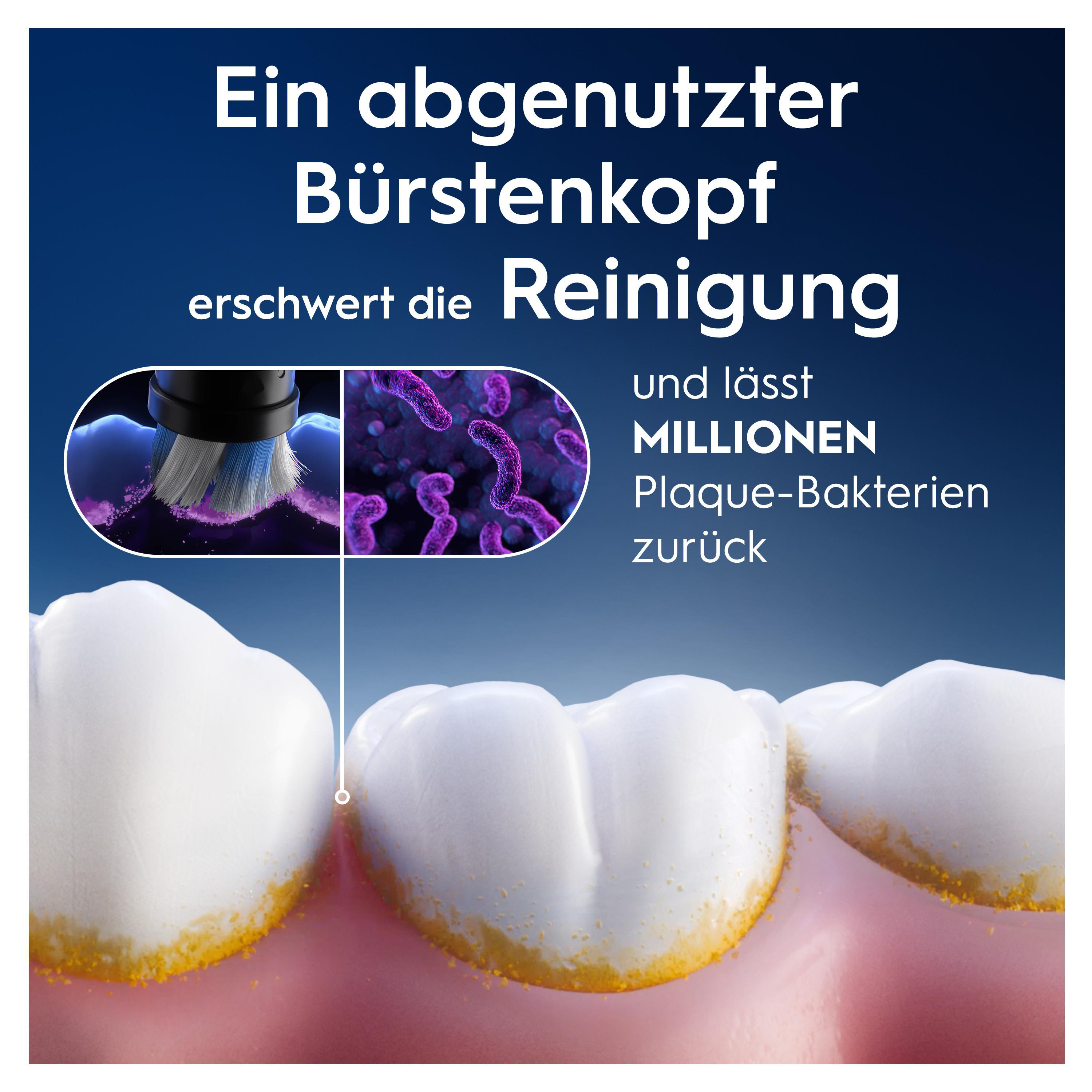 Zähne mit gelben Ablagerungen. Text: Ein abgenutzter Bürstenkopf erschwert die Reinigung.