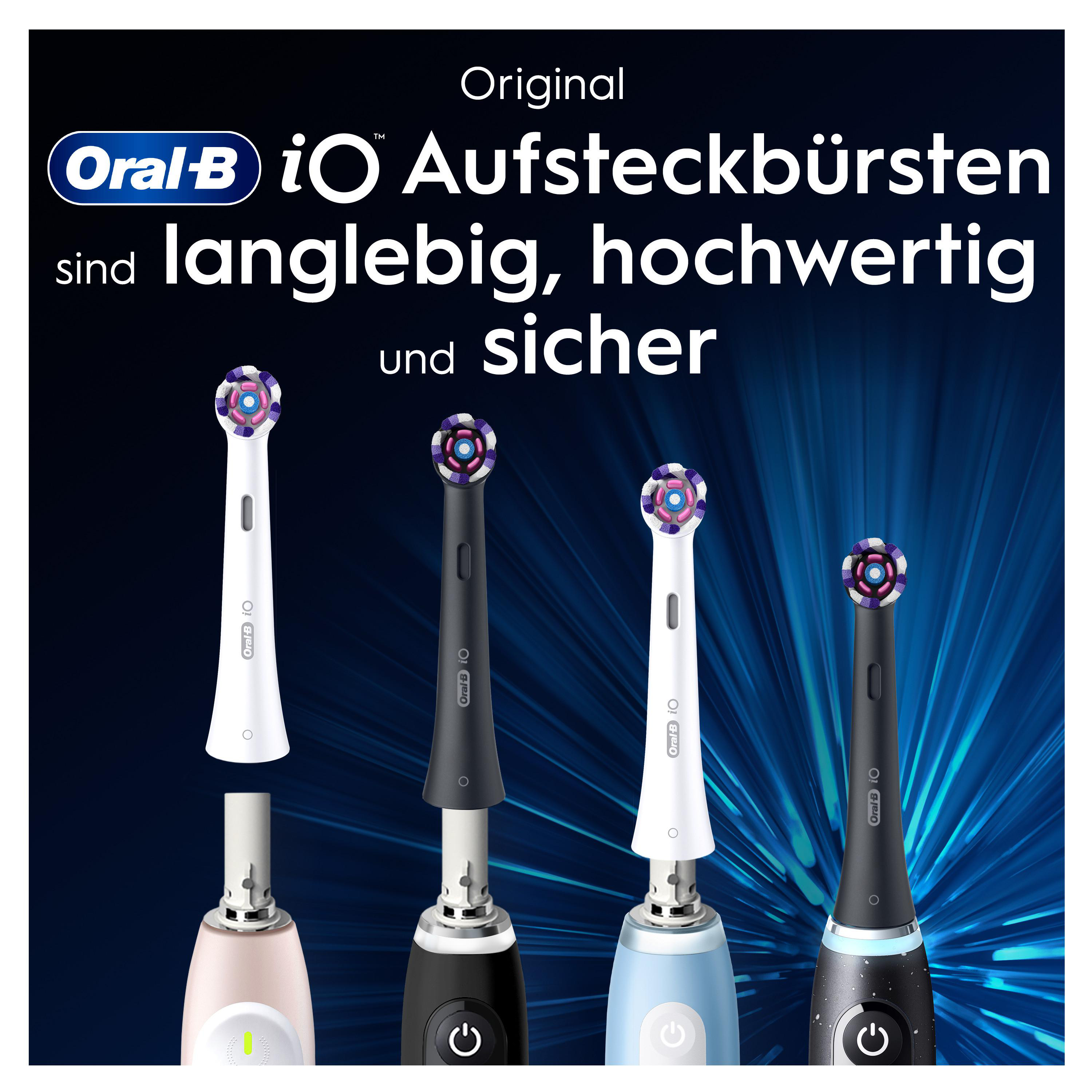 Verschiedene Oral-B iO Aufsteckbürsten. Text: iO Aufsteckbürsten sind langlebig, hochwertig und sicher.