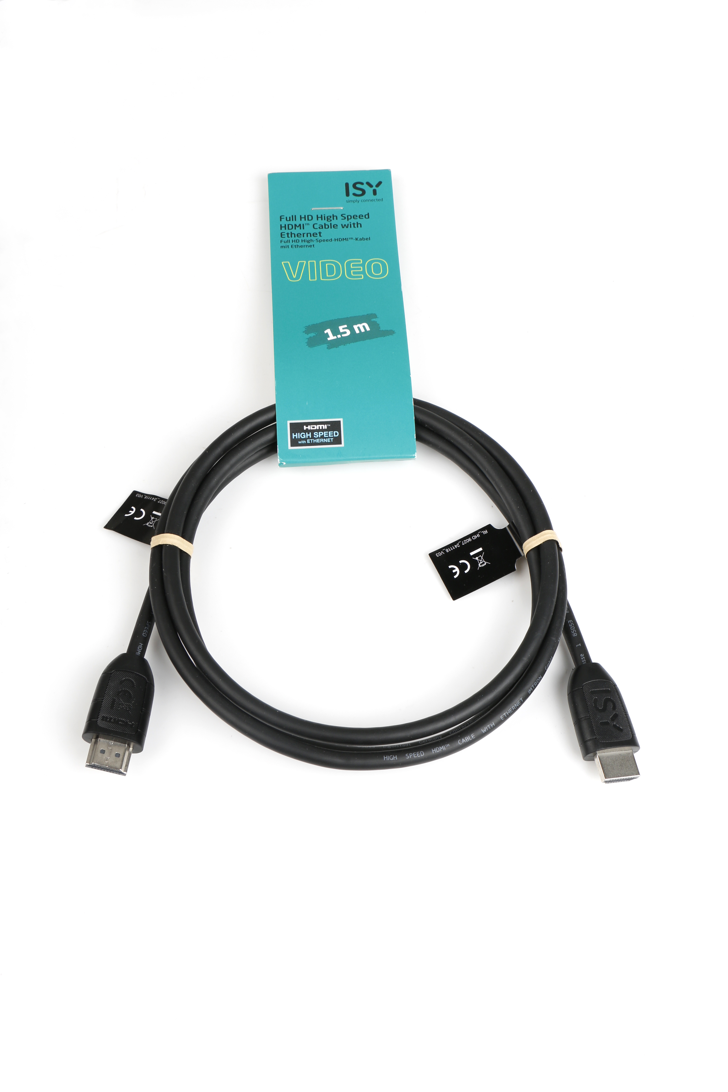 Czarny kabel HDMI z zieloną etykietą, leżący na białym tle.