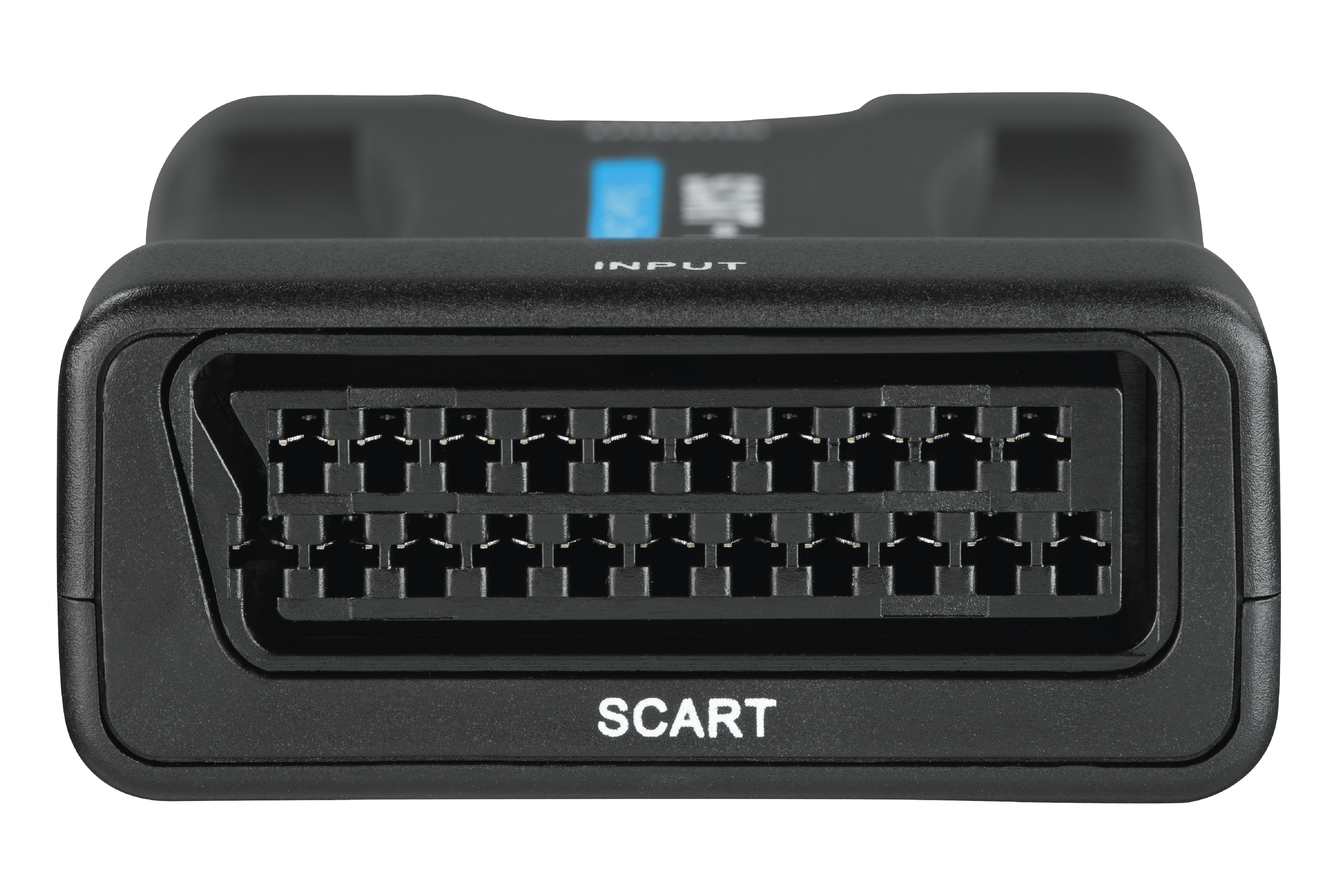Czarny wtyk SCART. Wtyczka ma 21 pinów i napis SCART.