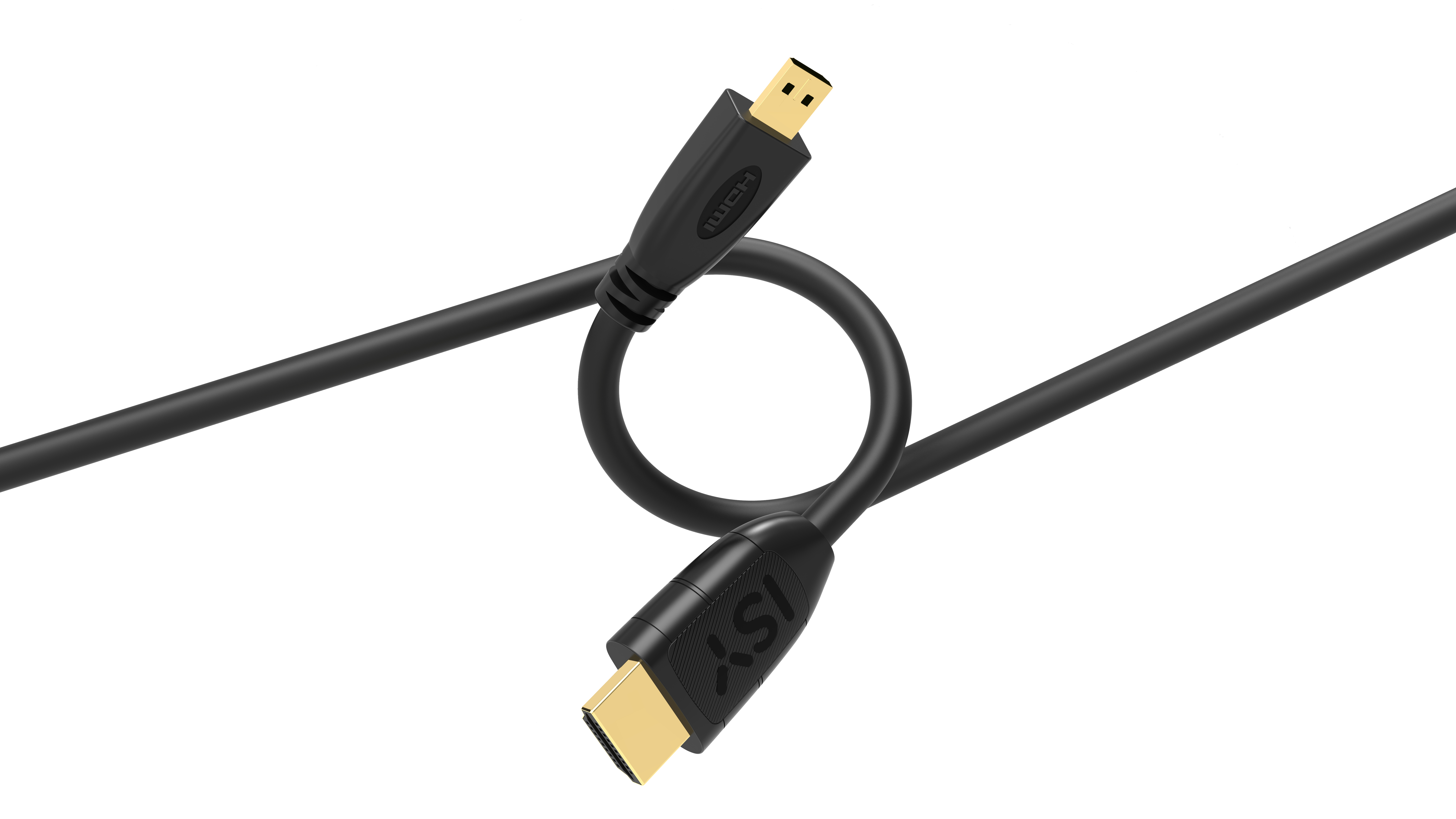 Czarny kabel HDMI ze pozłacanymi końcówkami, ułożony w pętlę na białym tle.