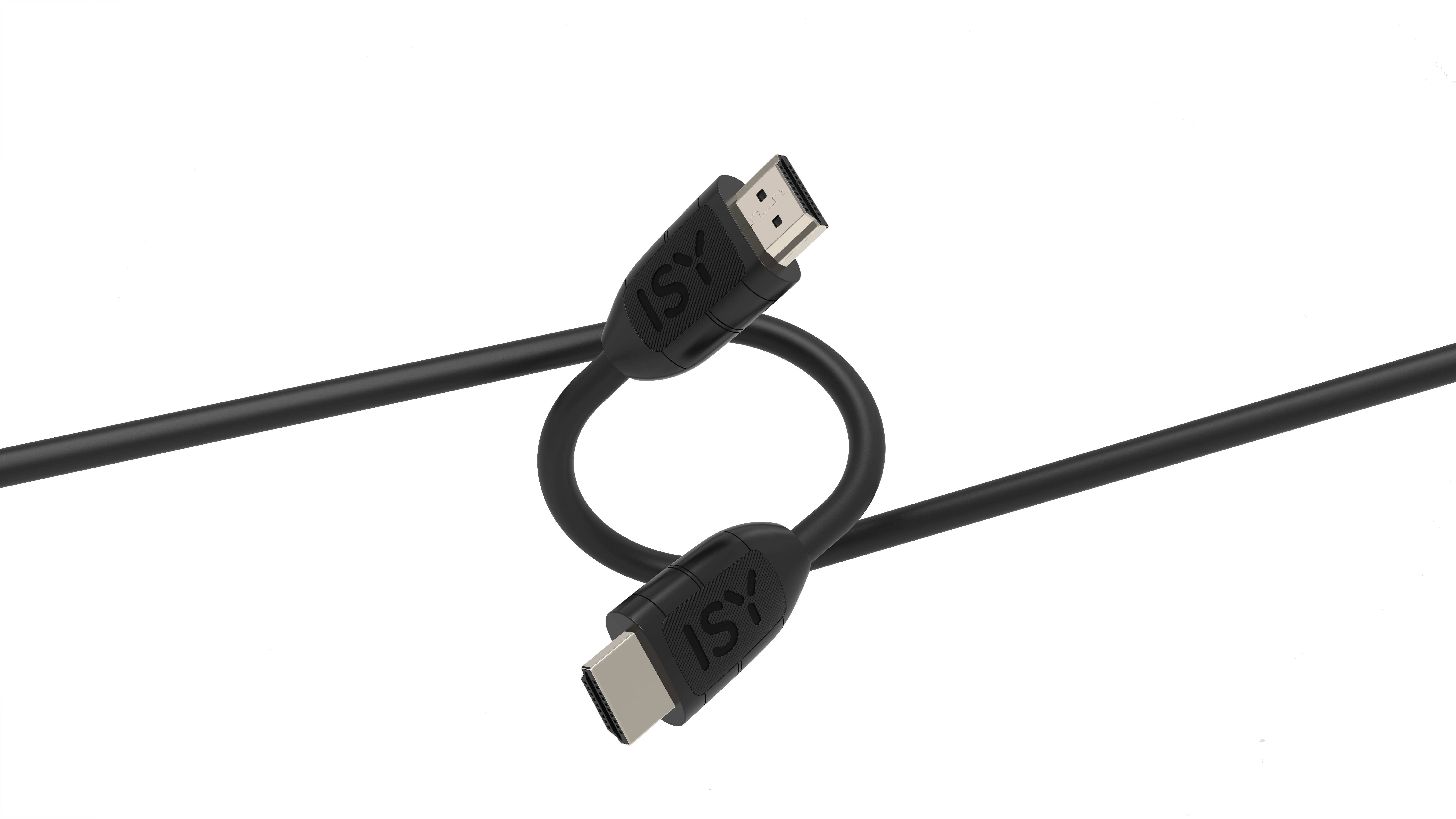 Czarny kabel HDMI ze pozłacanymi końcówkami, ułożony w pętlę na białym tle.