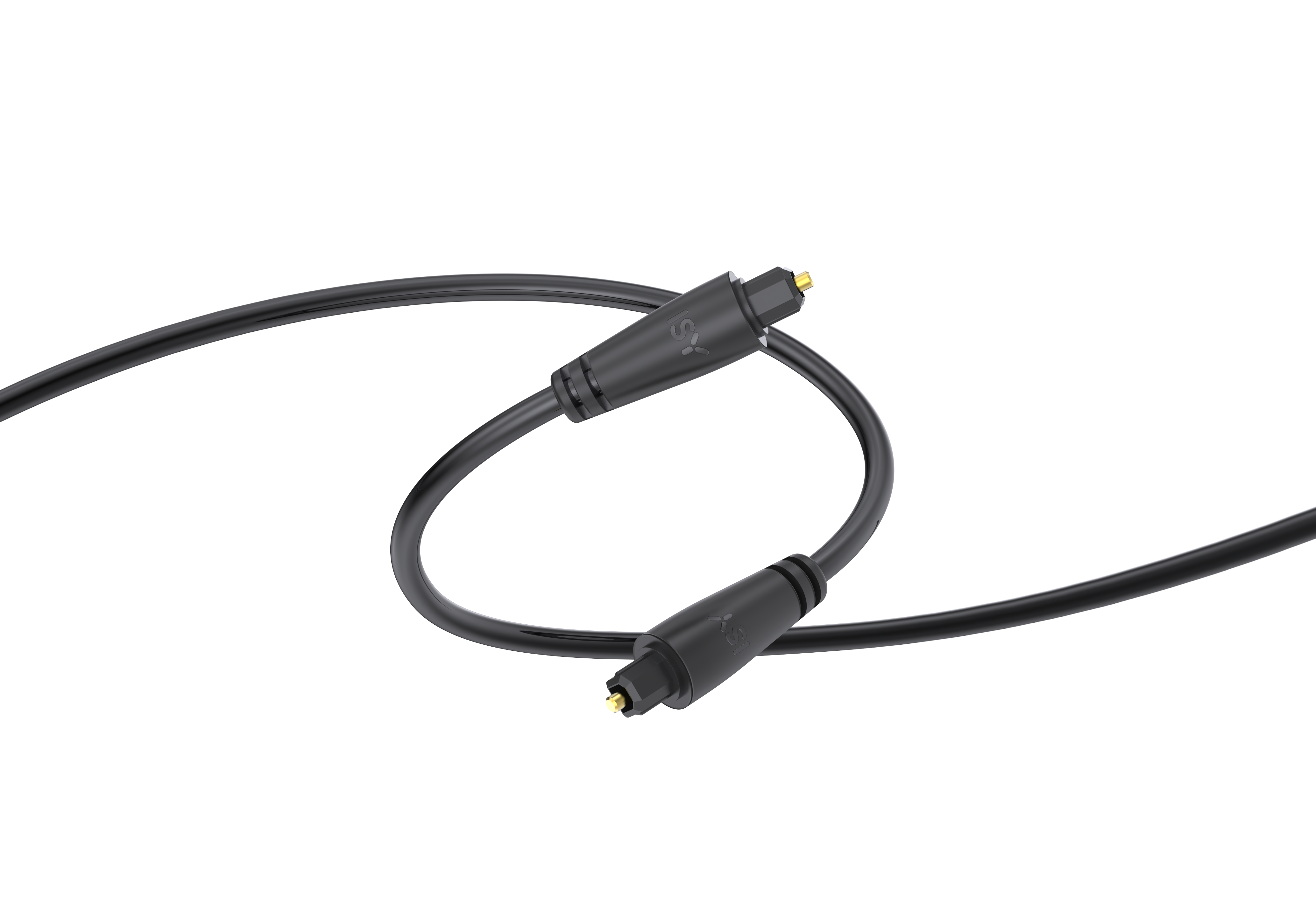 Czarny kabel audio ze złączem Toslink na każdym końcu, na czarnym tle.