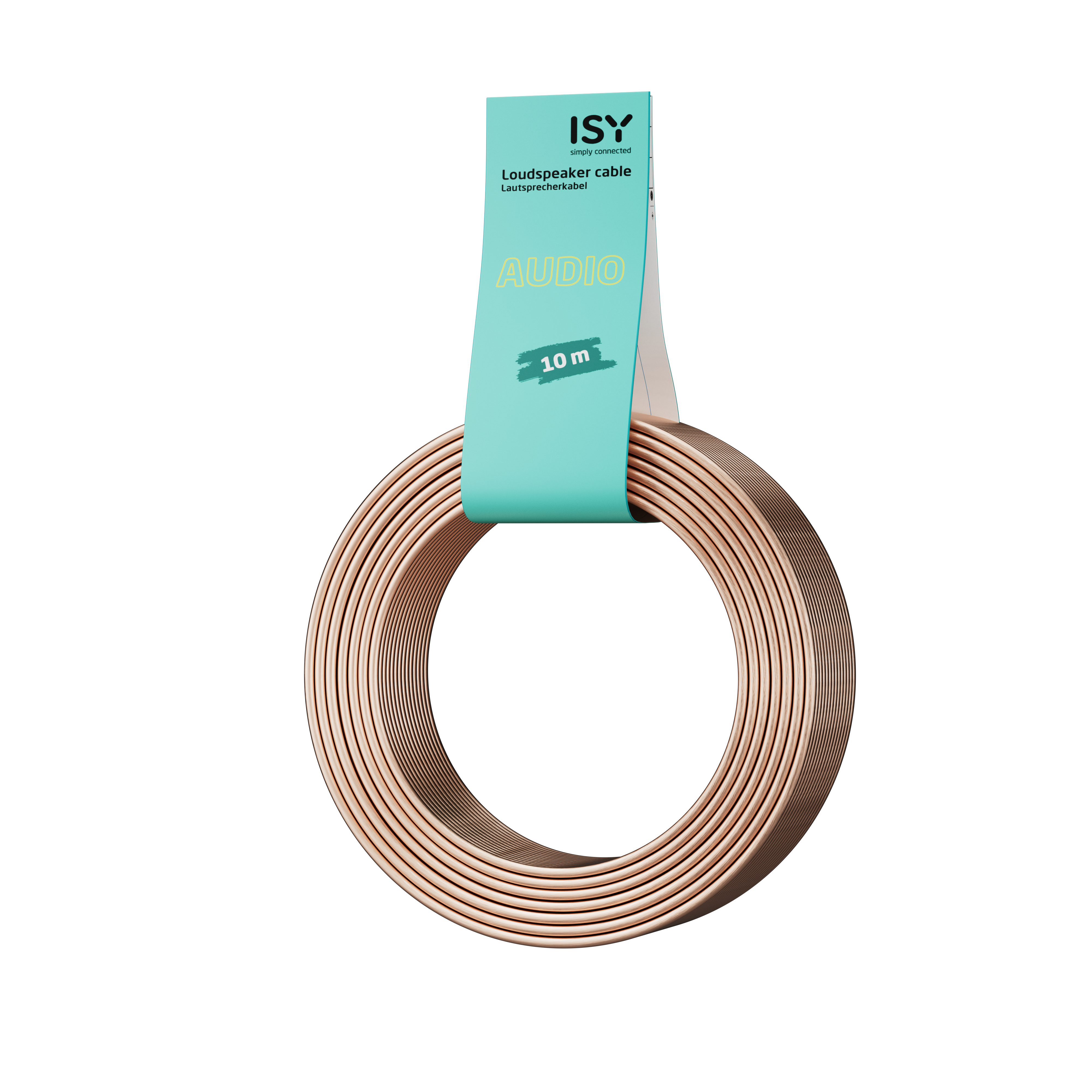 Zwinięty miedziany kabel głośnikowy z niebieską etykietą ISY na czarnym tle.