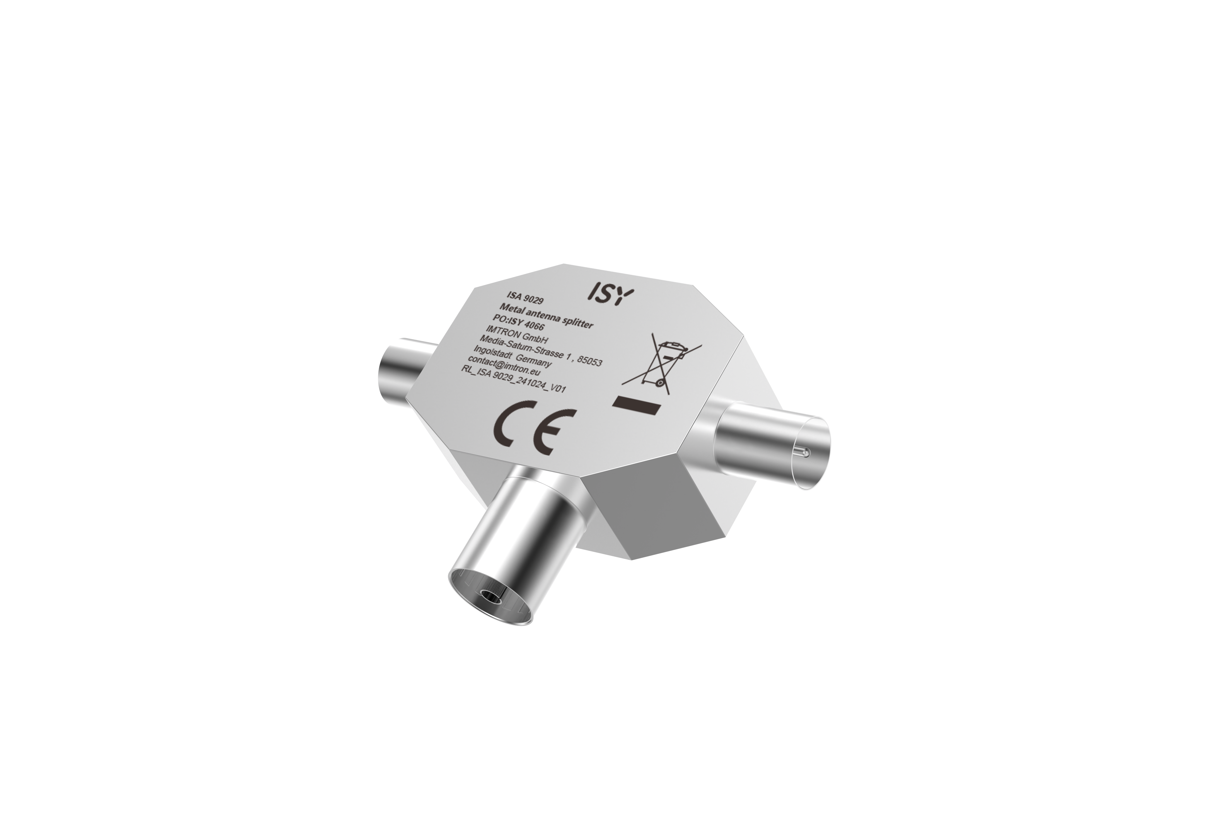 Srebrny rozdzielacz antenowy z trzema złączami na czarnym tle.