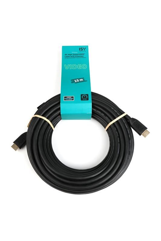 Câble HDMI noir, 15m, enroulé avec une étiquette turquoise indiquant 'VIDEO' et 'ISY'. Fond blanc.