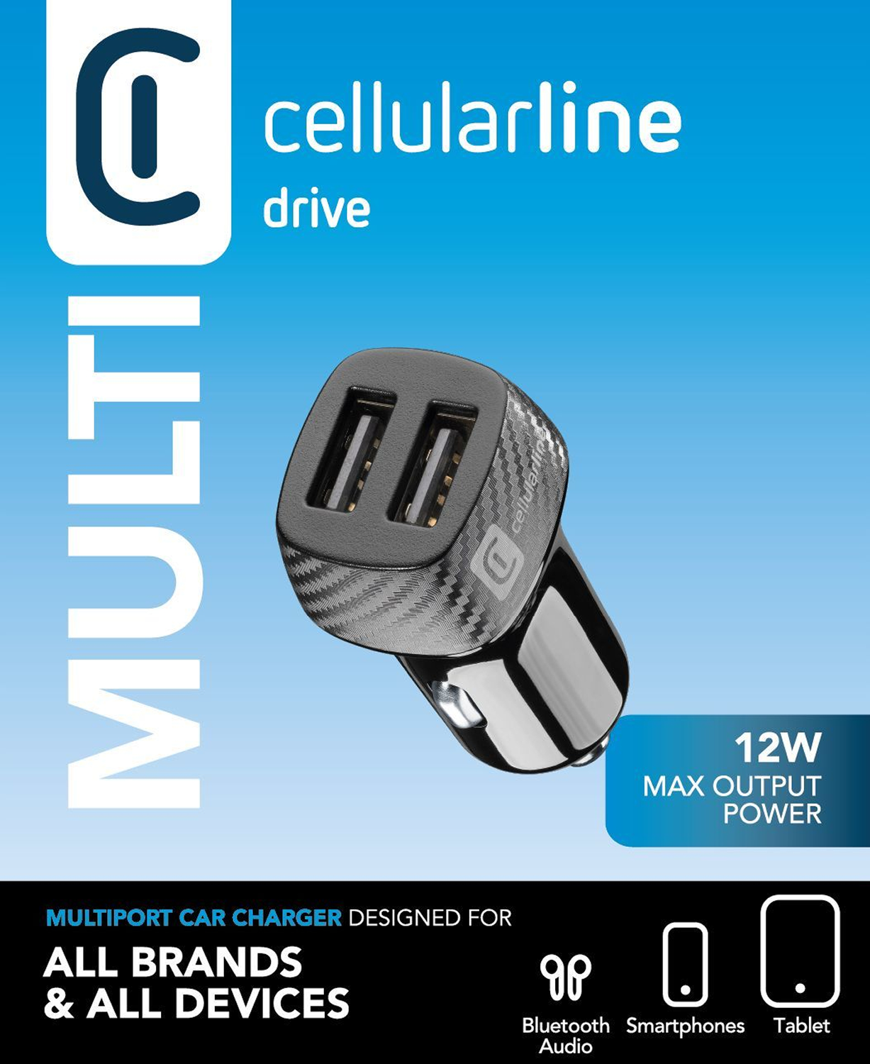 Cargador de coche negro y gris con dos puertos USB. Texto: Cellularline, Multi, 12W Max Power. Para todas las marcas.