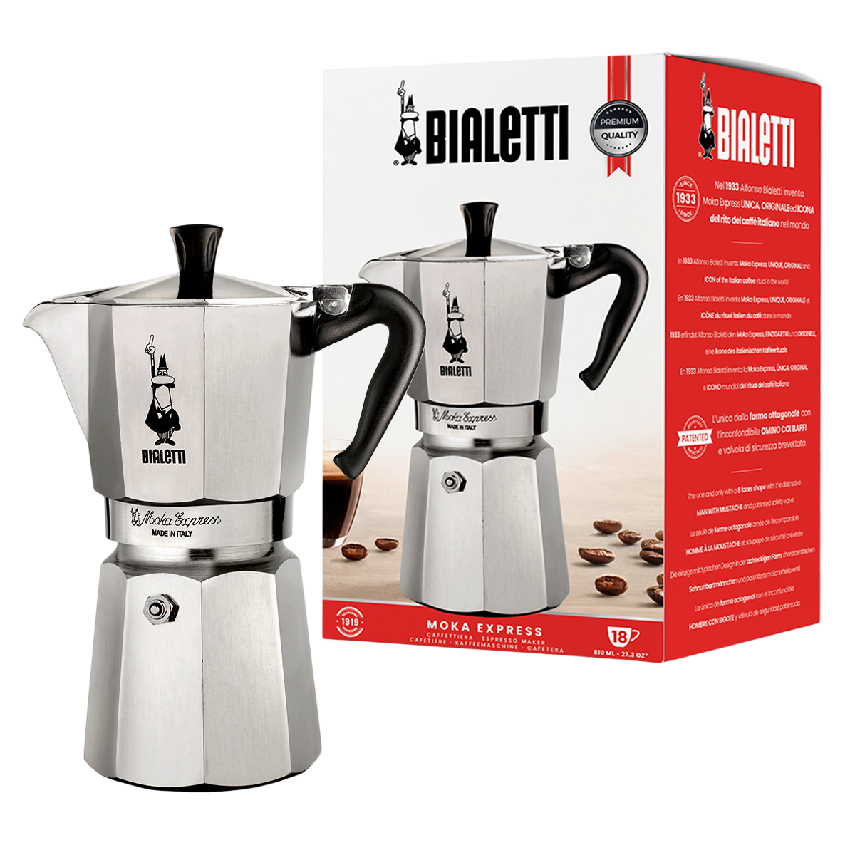 Bialetti Moka Express Kaffeemaschine und Verpackung. Silberfarben, schwarzer Griff, rote Verpackung.