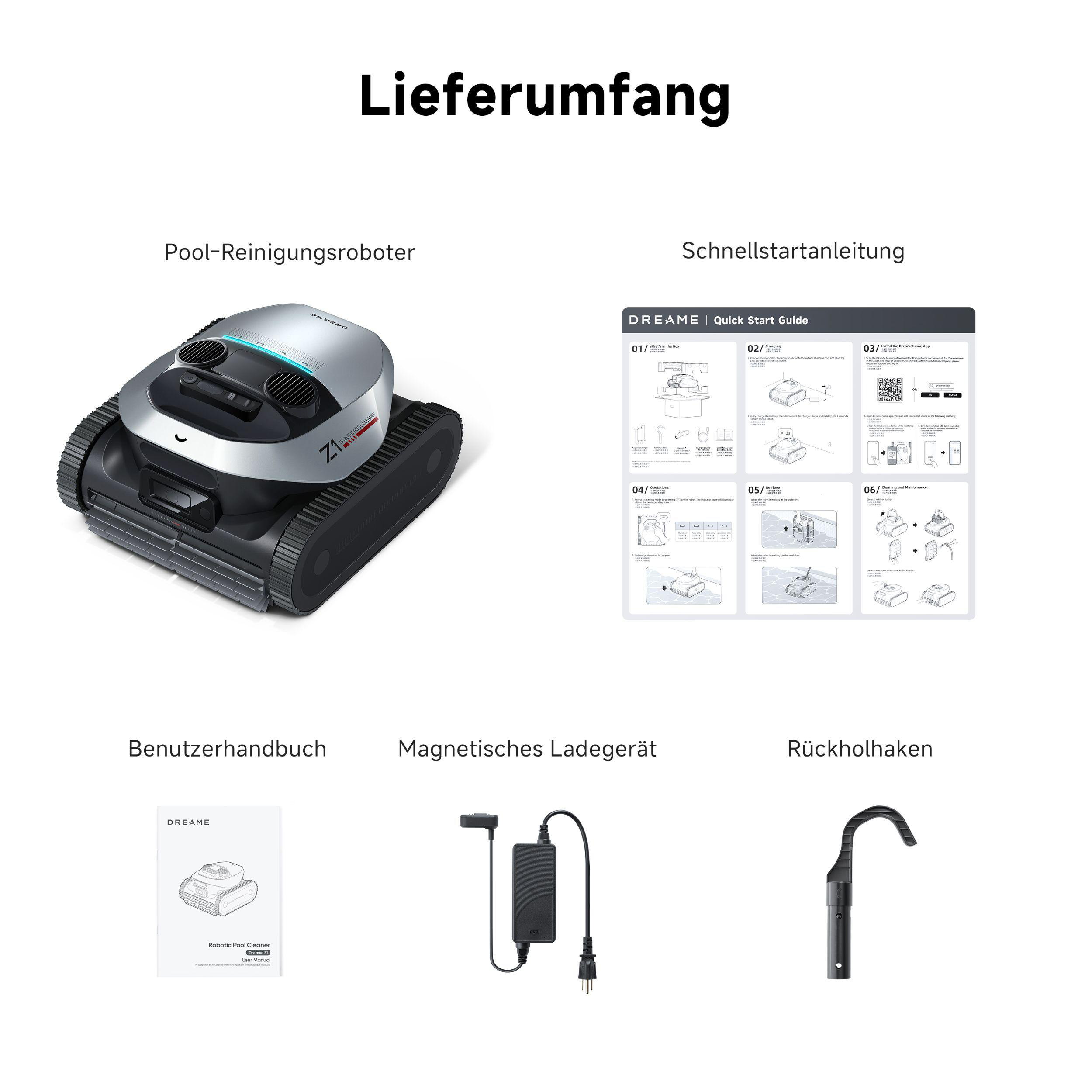 Verschiedene Elemente, darunter ein Reinigungsroboter, eine Schnellstartanleitung, ein Benutzerhandbuch und ein Ladegerät.
