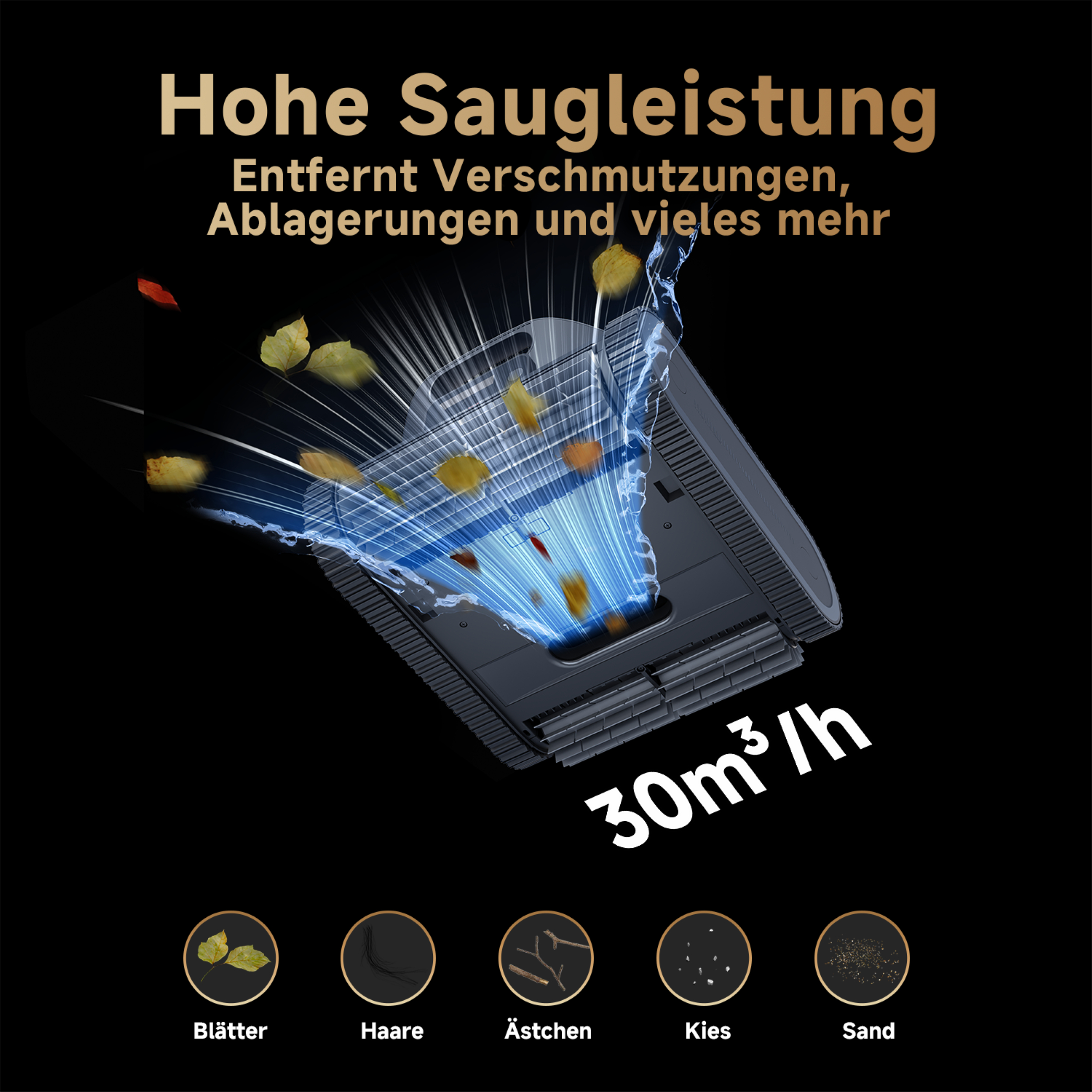 Der Z1 Pro Poolreiniger entfernt Blätter, Haare, Ästchen, Kies und Sand.