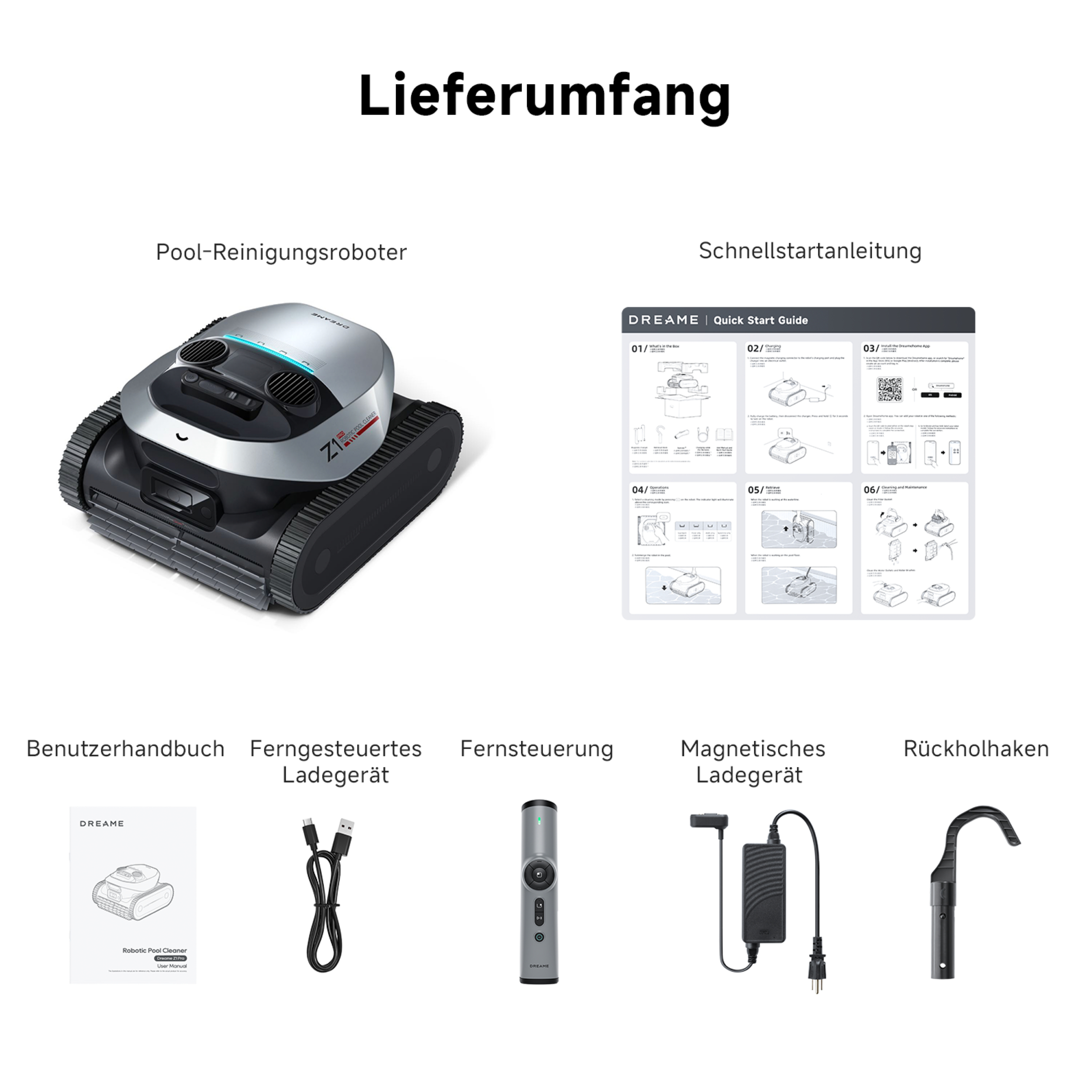 Verschiedene Artikel. Poolreinigungsroboter, Schnellstartanleitung, Benutzerhandbuch, Fernladegerät, Fernbedienung, Rückholhaken.