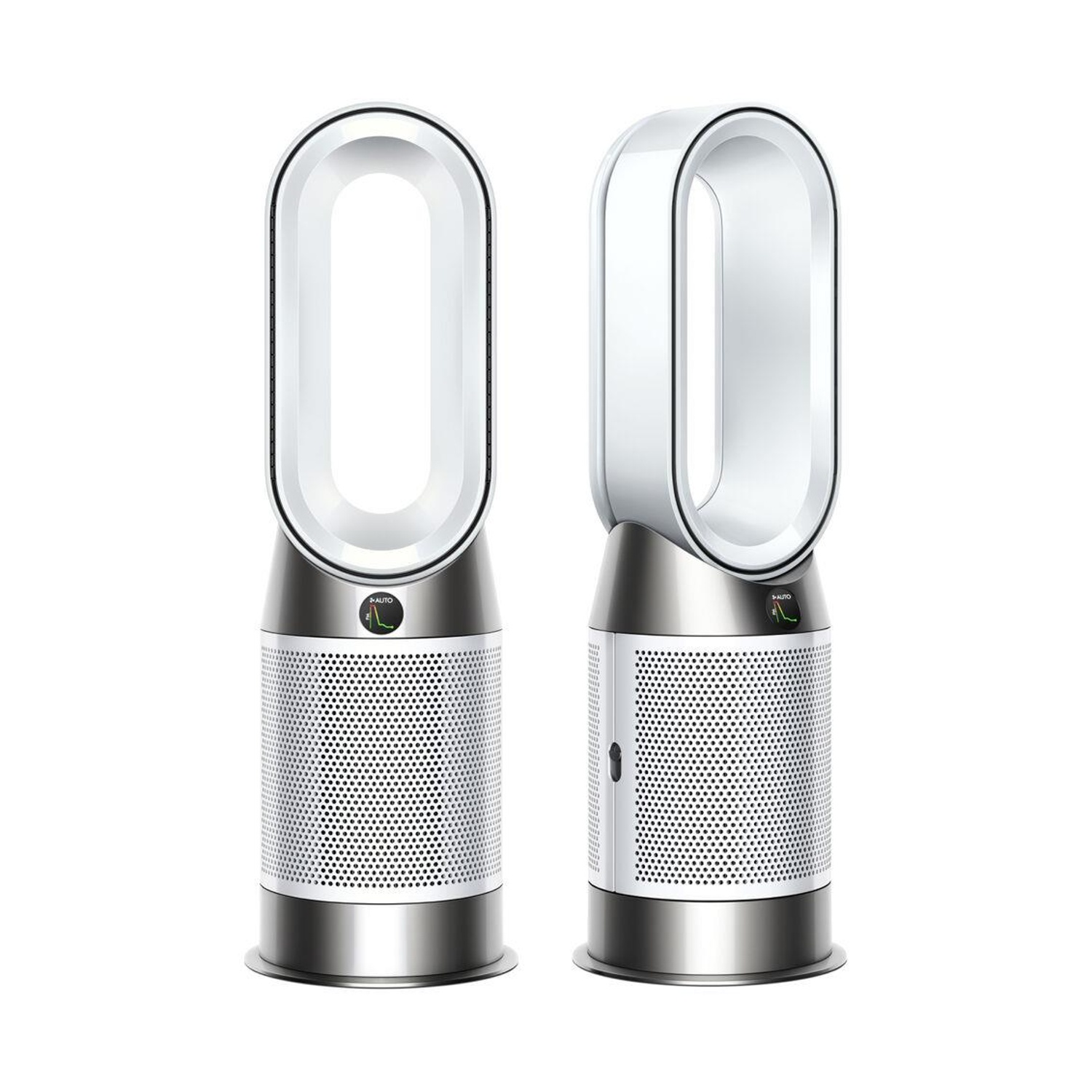 Due ventilatori a torre Dyson argento e bianco si ergono su uno sfondo bianco.