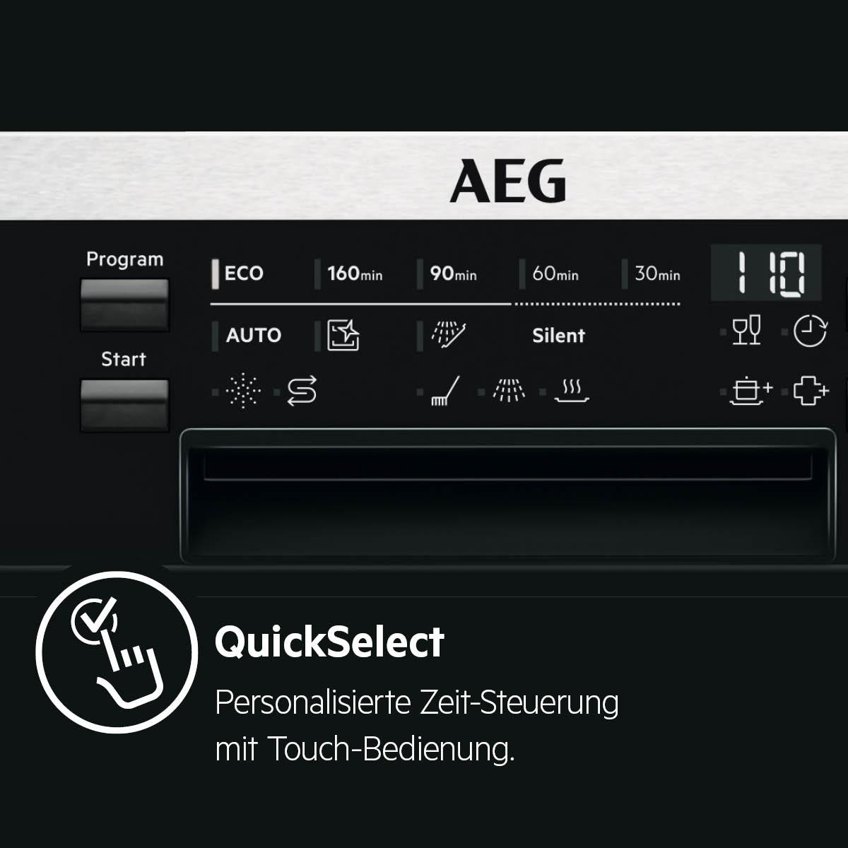AEG-Waschmaschinenbedienfeld. Programme, Zeiten, Start-Taste. Text: QuickSelect. Personalisierte Zeitsteuerung mit Touch-Bedienung.