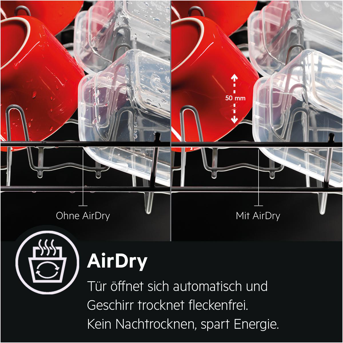 Waschmaschinenschrank mit roten Tassen. Text: AirDry. Tür öffnet sich automatisch und Geschirr trocknet fleckenfrei. Spart Energie.