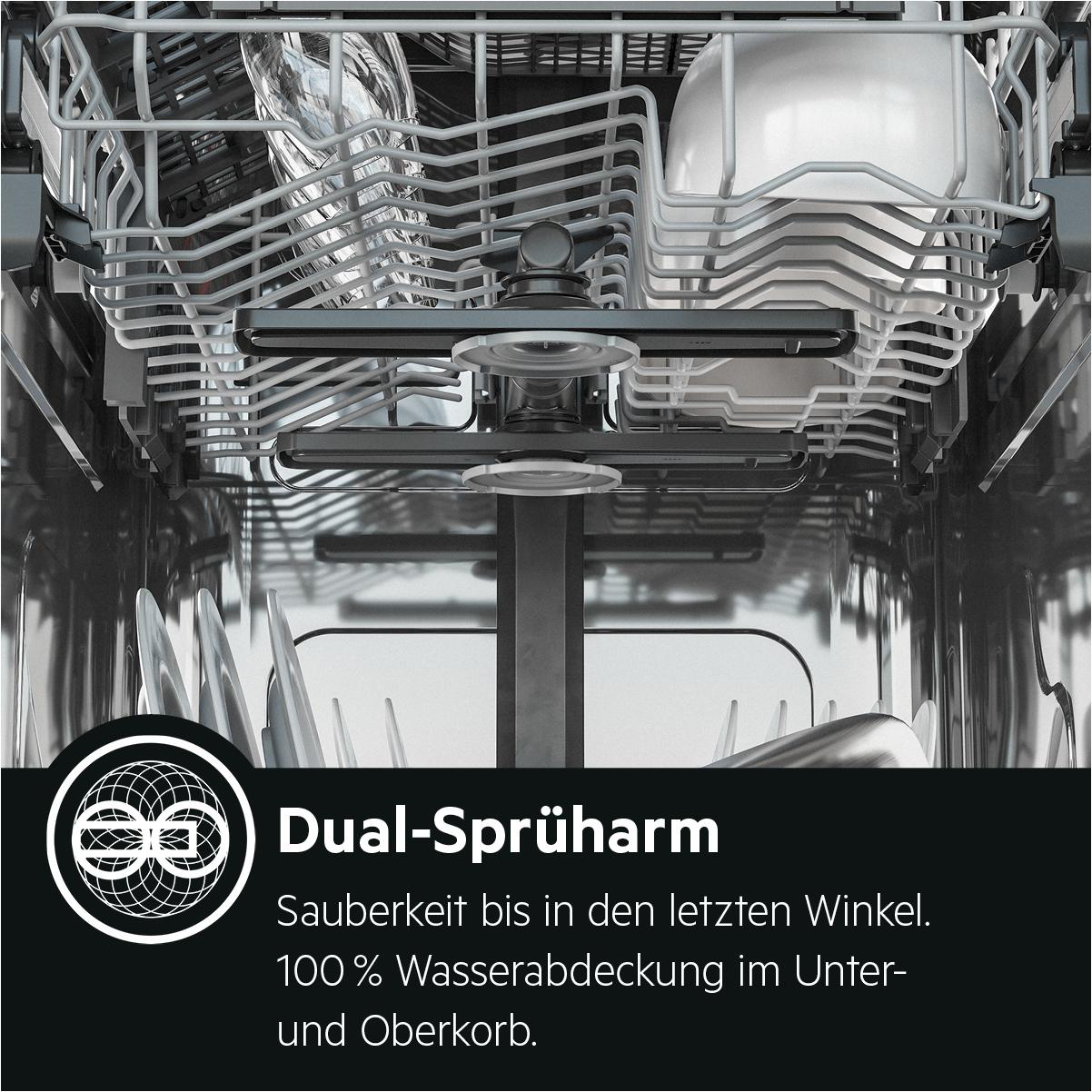 Innenansicht einer Spülmaschine. Text: Dual-Sprüharm. Sauberkeit bis in den letzten Winkel. 100% Wasserabdeckung im Unter- und Oberkorb.