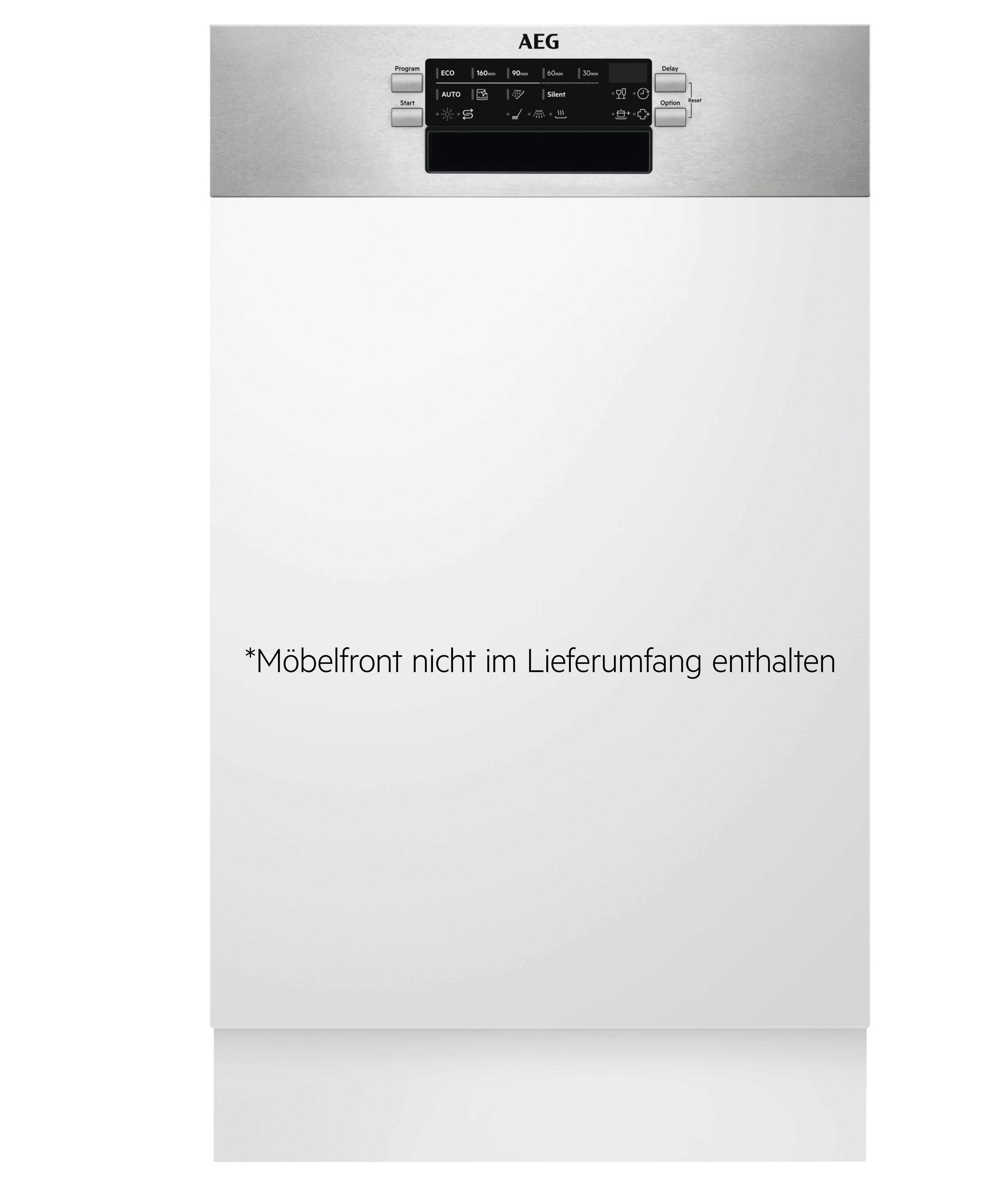 Eine weiße AEG-Spülmaschine mit Bedienfeld und dem Text 'Möbelfront nicht im Lieferumfang enthalten'.
