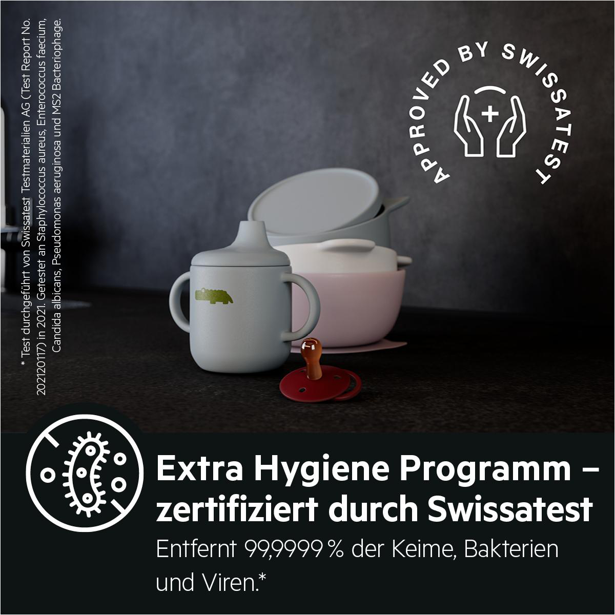 Babyflaschen und -schalen. Text: 'Extra Hygiene Programm - zertifiziert durch Swissatest'. 