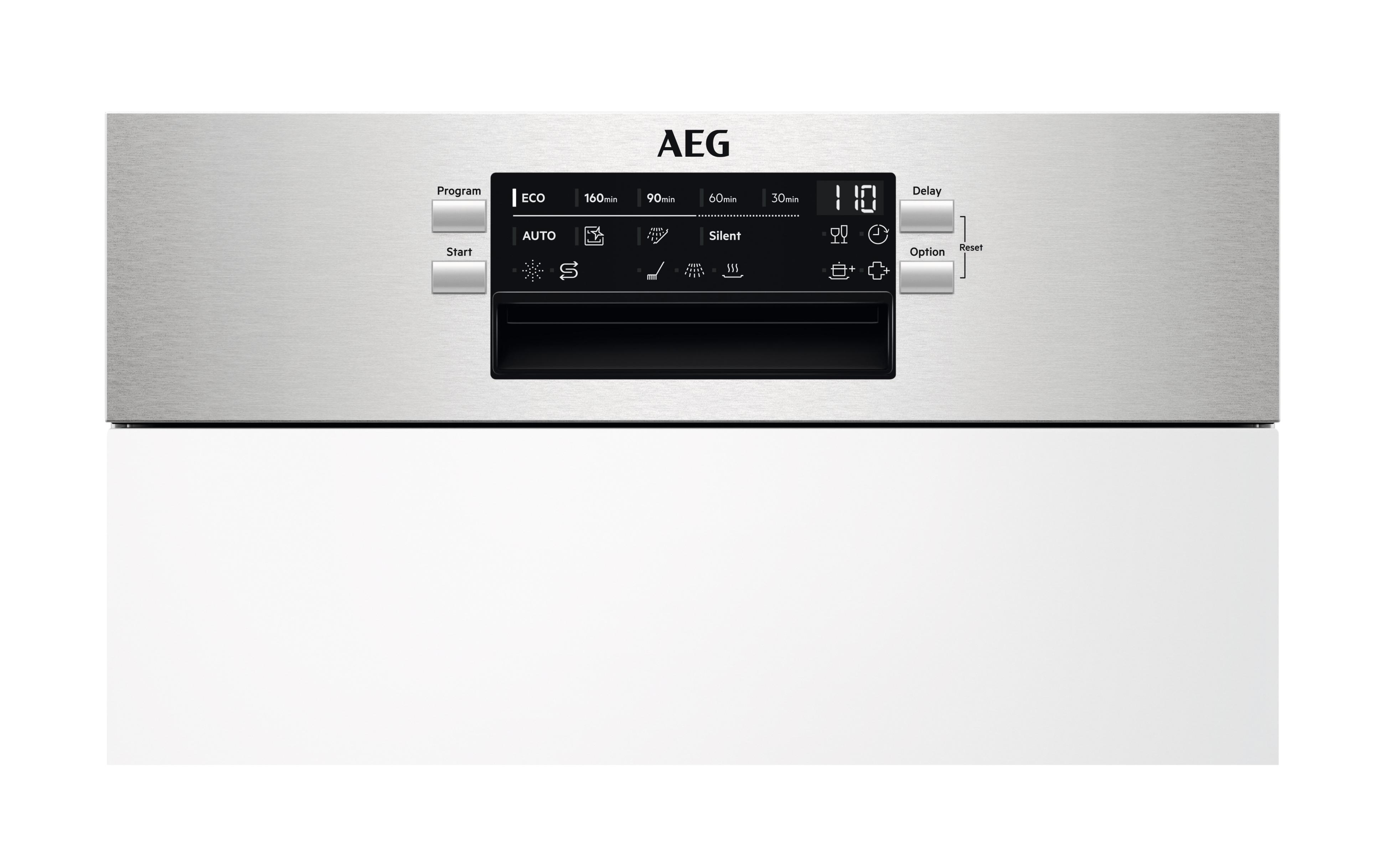 Eine AEG-Spülmaschine mit Bedienfeld. Die Maschine ist weiß und silberfarben.