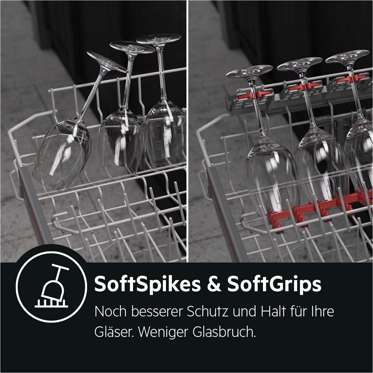 Weingläser in der Spülmaschine. Text: 'SoftSpikes & SoftGrips'. Die Gläser sind sicher gehalten.
