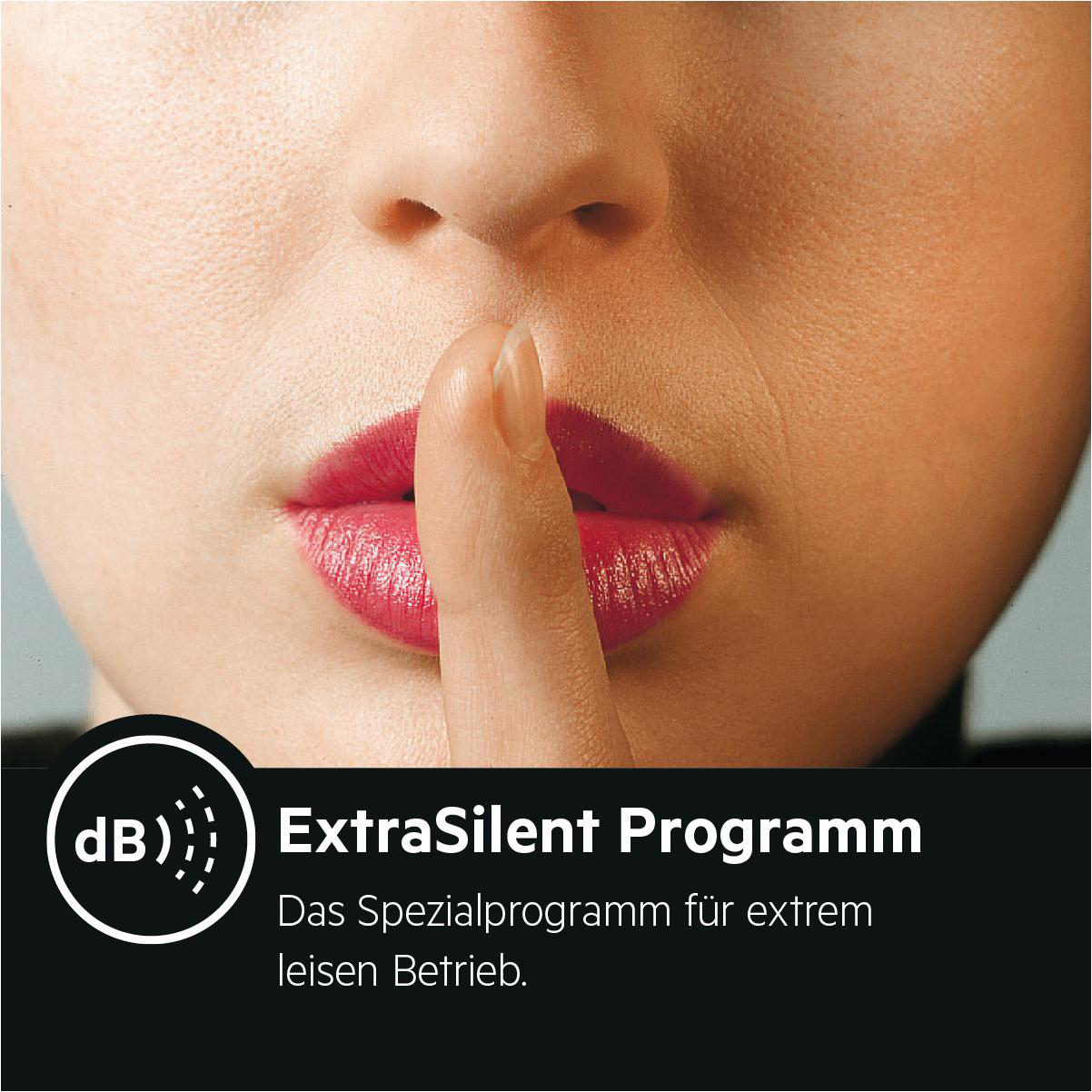 Eine Frau legt den Finger auf die Lippen. Text: 'ExtraSilent Programm'. Es ist ein leises Programm.