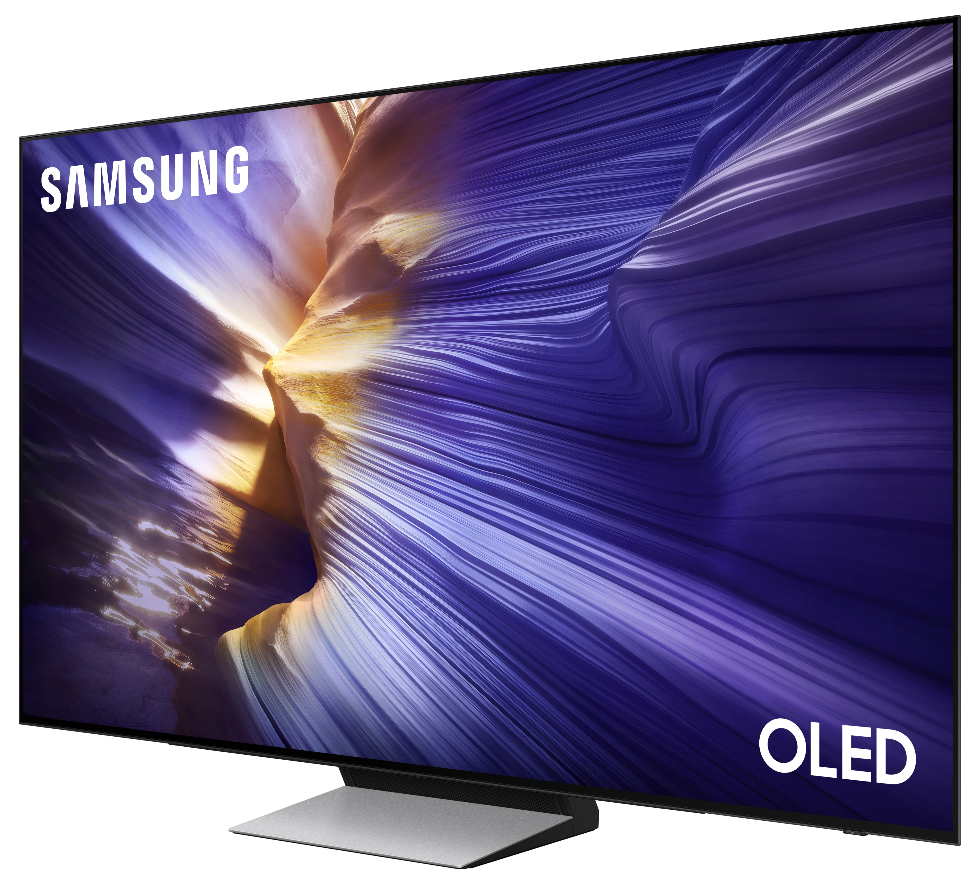 Telewizor z falistym, fioletowo-beżowym tłem, napisem OLED i logo Samsung.