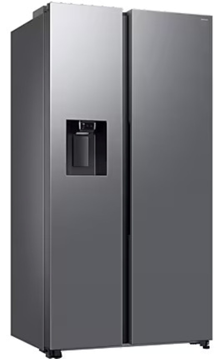 Szara lodówka ze stali nierdzewnej z dozownikiem wody na lewych drzwiach. Ma dwoje drzwi obok siebie.