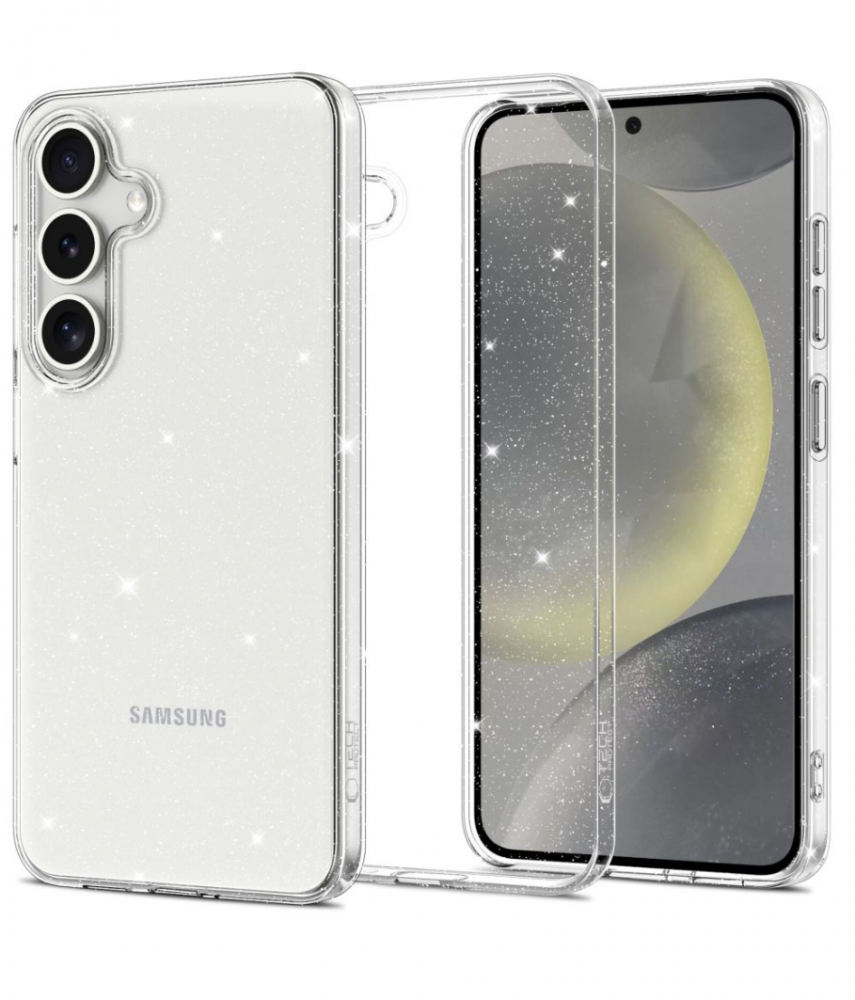 Átlátszó telefontok csillámokkal, három kamerás telefon, sárga hátterű kijelzővel.