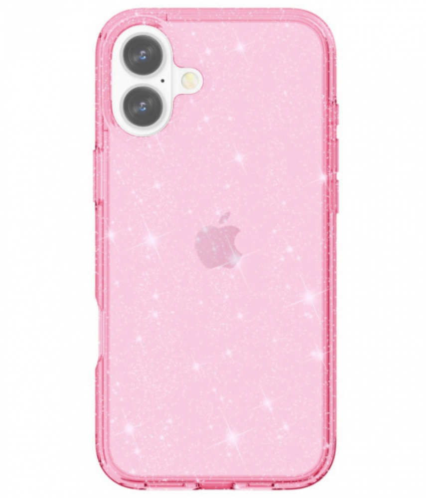 Egy átlátszó, csillámos, rózsaszín telefontok. A tokon kivágás van a kamerának és az Apple logónak.