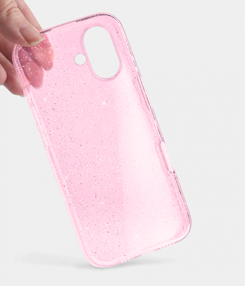 Egy kéz egy átlátszó, csillámos, rózsaszín telefontokot tart. A tokon kivágások vannak a kamerának és a gomboknak.
