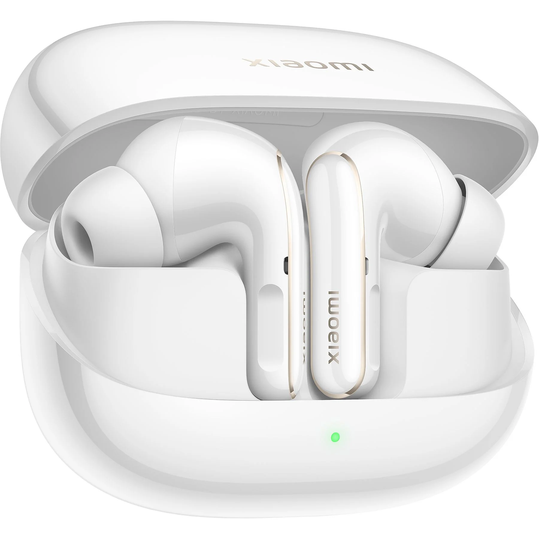Fehér fülhallgatók fehér tokban, "xiaomi" logó látható.