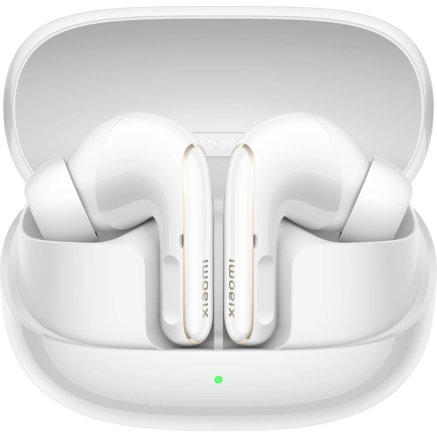 Fehér fülhallgatók fehér tokban, "xiaomi" logó látható.