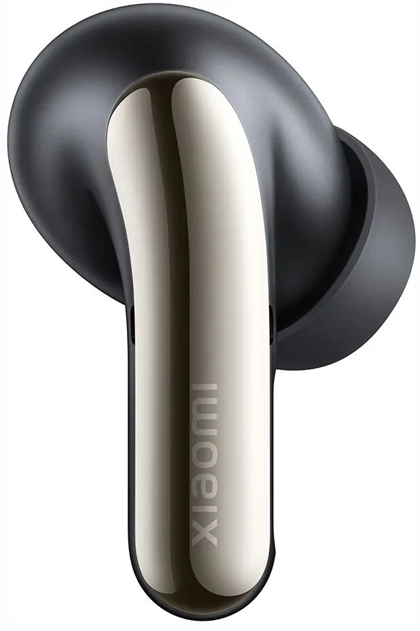 Fekete vezeték nélküli fülhallgató ezüst szárral, 'Xiaomi' felirattal.