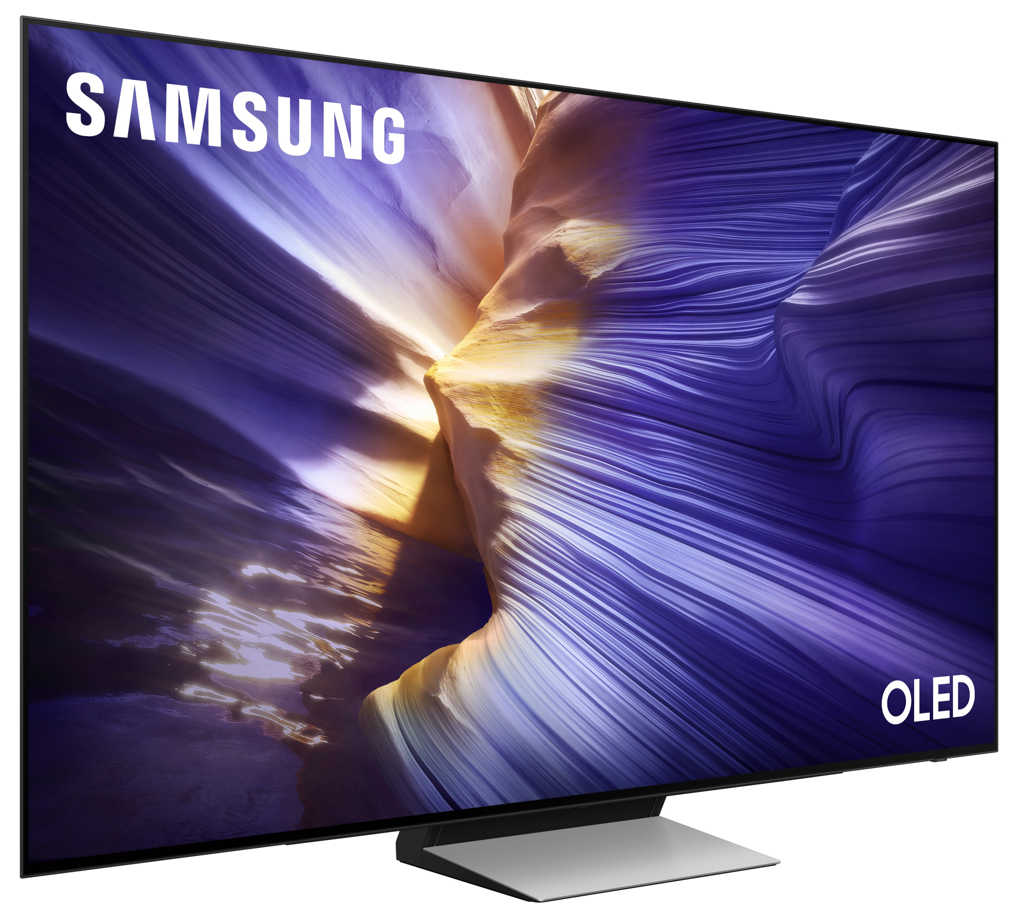 Telewizor OLED Samsung z białym logo Samsung i kolorowym, falistym tłem, lekko pochylony.