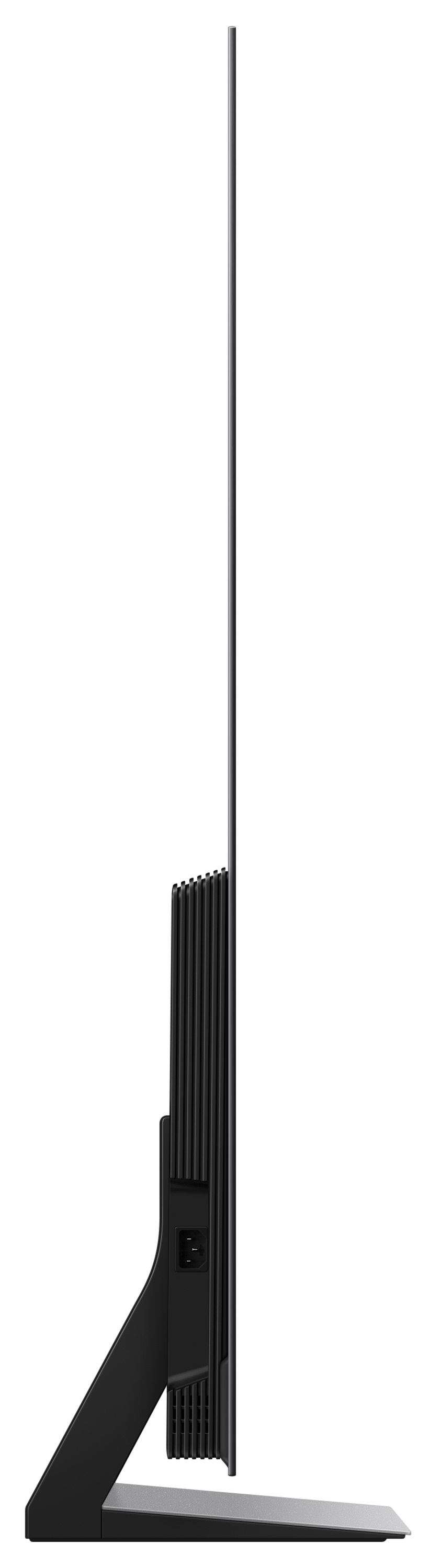 Widok z boku telewizora OLED Samsung, czarna ramka i podstawa, smukła konstrukcja.