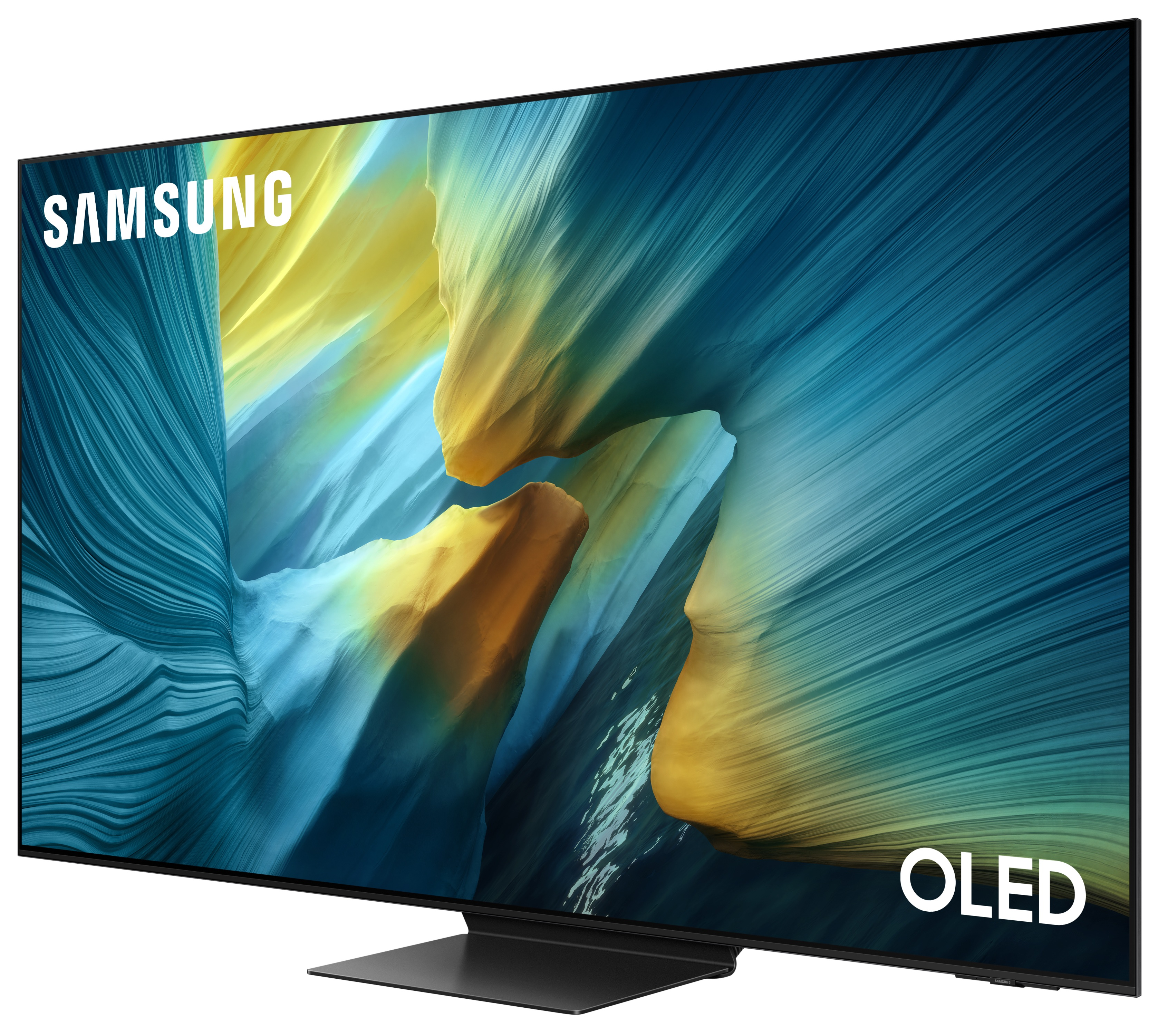 Telewizor Samsung OLED z kolorowym, abstrakcyjnym tłem i napisem OLED.
