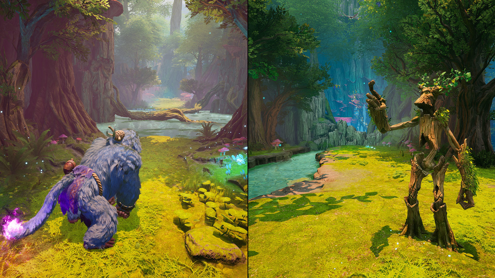 Zwei Szenen: Ein blauer Affe und ein Baumgeist in einer Fantasy-Waldlandschaft mit Wasser.
