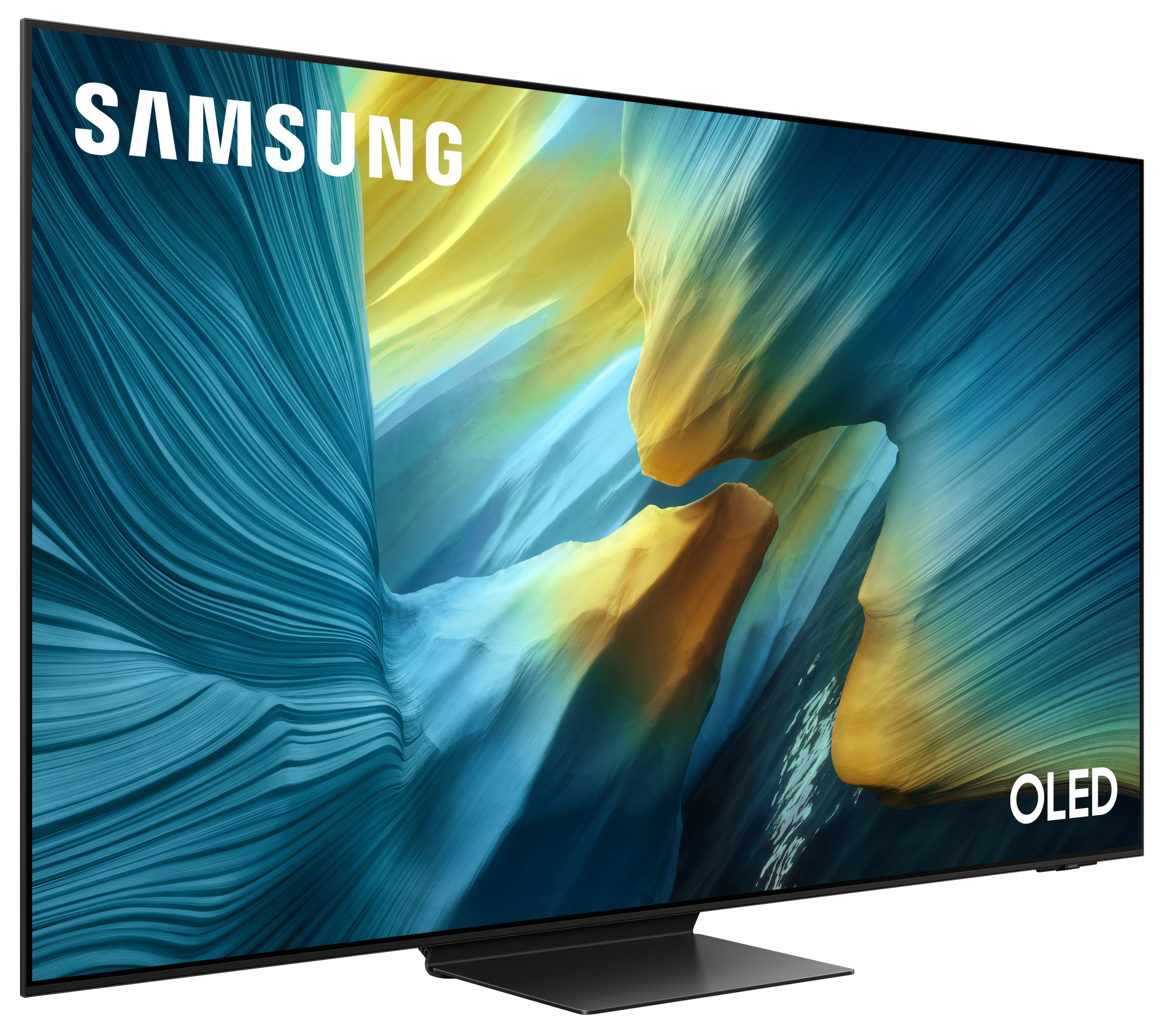 Telewizor Samsung OLED, widok pod kątem. Ekran wyświetla abstrakcyjne niebieskie i żółte kształty. Czarna podstawa.