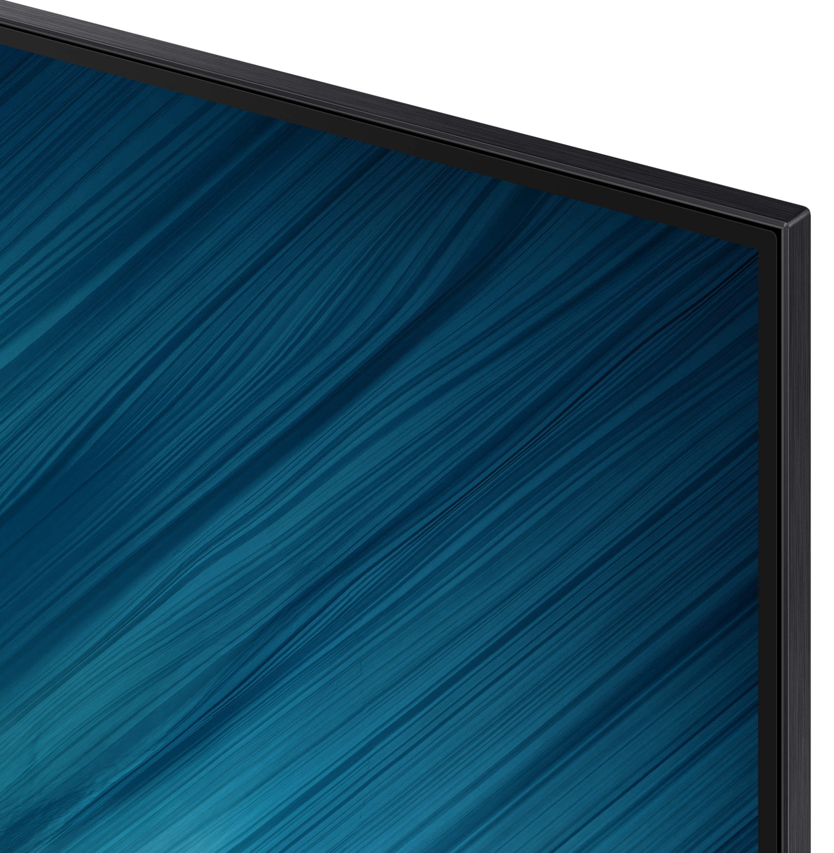 Zbliżenie ekranu telewizora Samsung OLED. Niebieski wzór falisty w czarnej ramce.