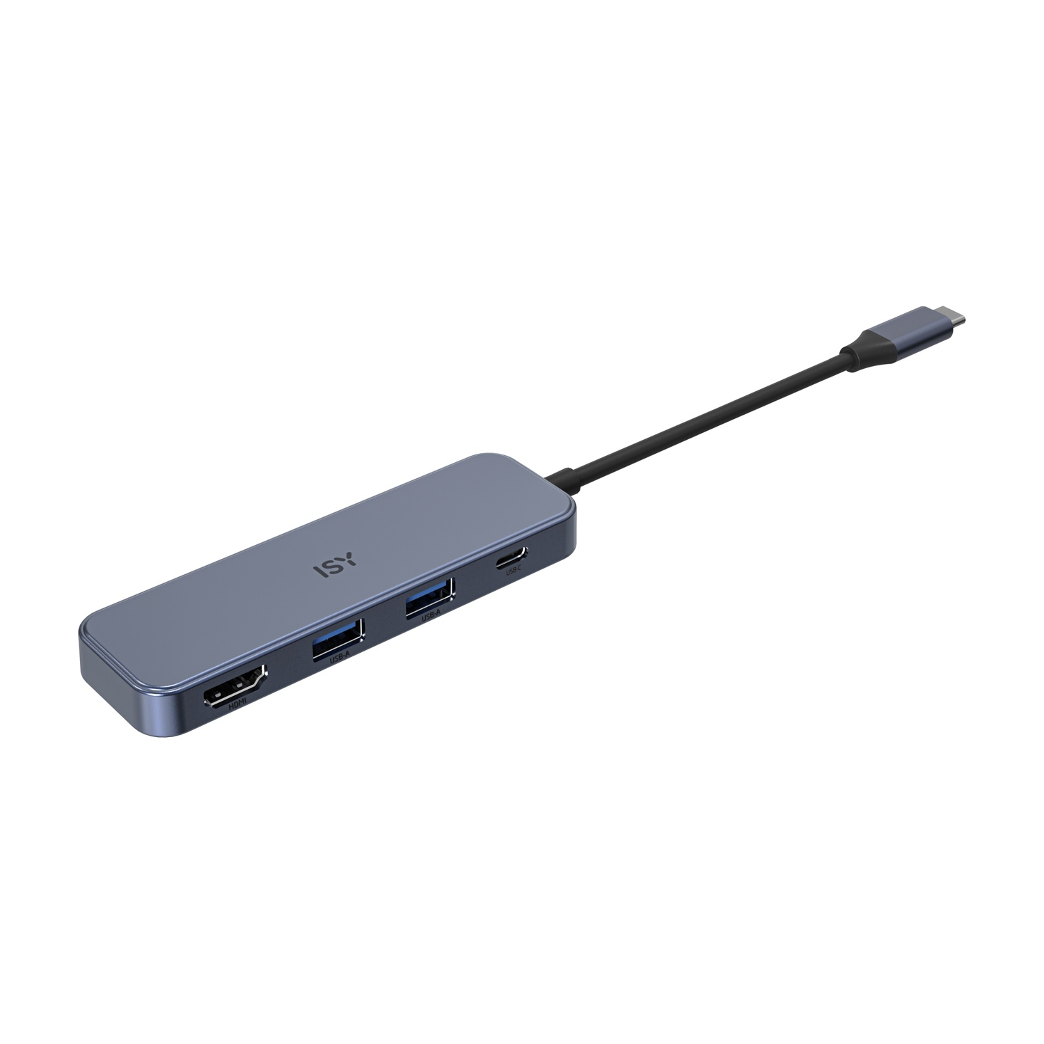Un hub USB-C grigio con più porte. Ha porte HDMI, USB e USB-C e un cavo nero.