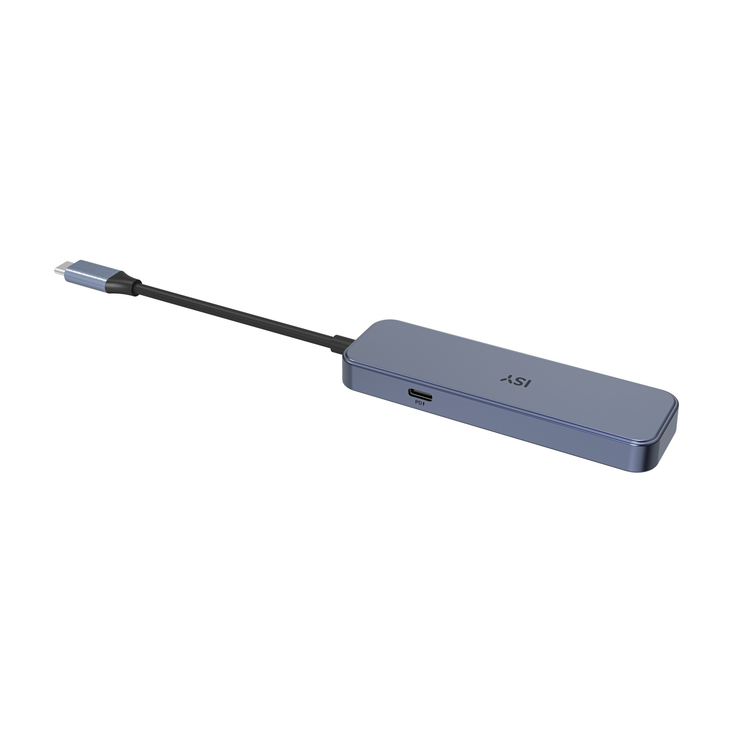 Un hub USB-C ISY blu con cavo nero è isolato su sfondo bianco. L'hub ha una porta USB-C.
