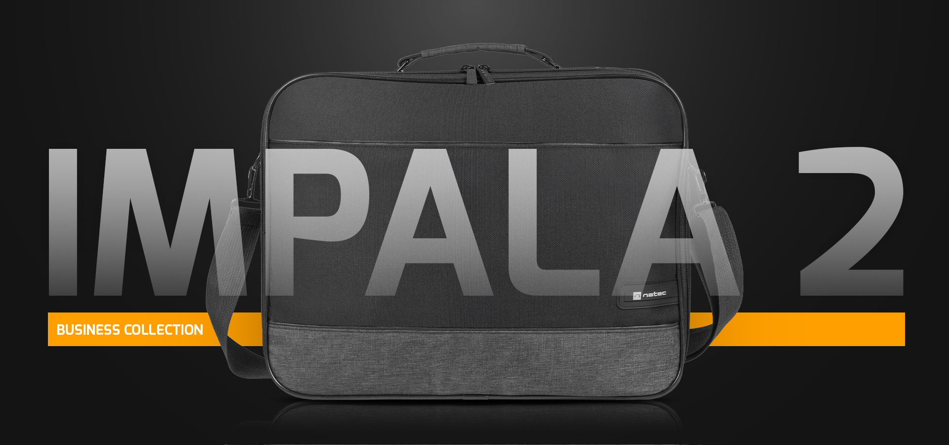 Az Impala 2 Business Collection táska, fekete szürke aljjal, fekete háttér előtt.