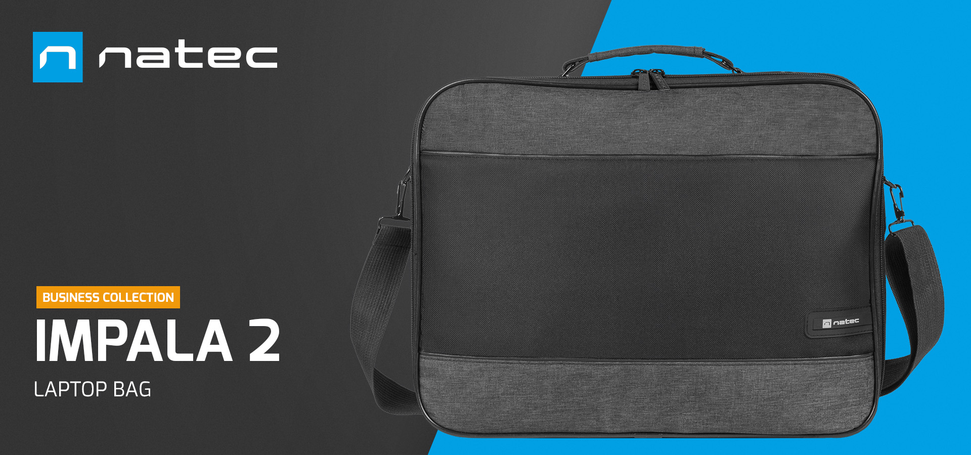Fekete Natec Impala 2 laptop táska szürke aljjal, kék háttér előtt, logóval.