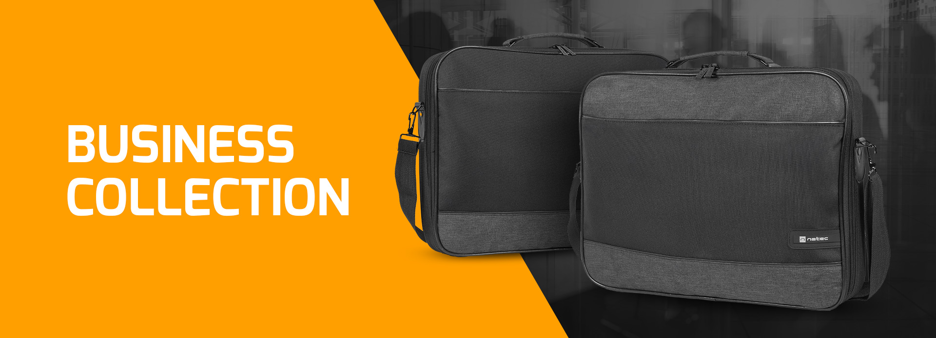 Két fekete Business Collection laptop táska, egy vállpánttal, narancssárga háttér előtt.