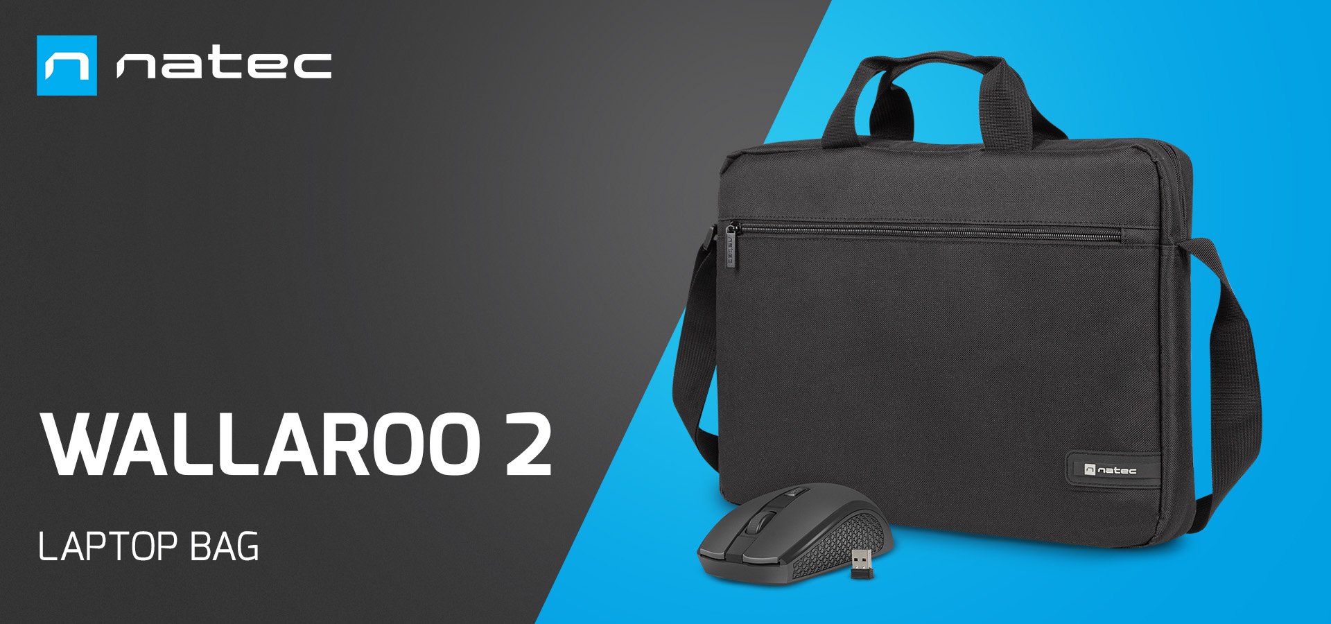 Fekete Wallaroo 2 laptop táska egérrel, kék háttér előtt, logóval.