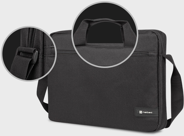 Fekete laptop táska fogantyúval és vállpánttal, részletek közelről.