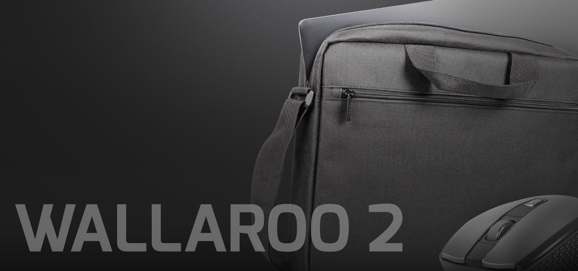 Fekete laptop táska laptop-pal, 'WALLAROO 2' felirattal és egérrel a háttérben.
